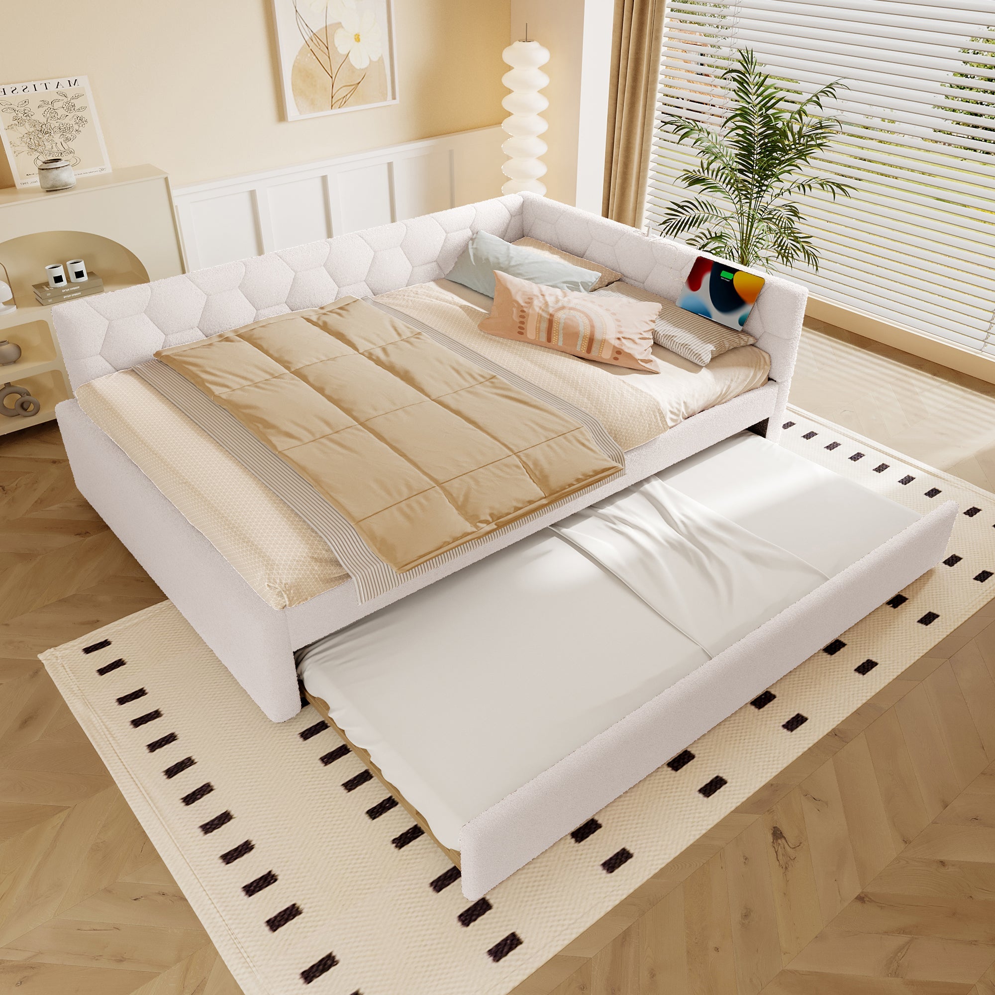 Daybed 140*200cm, Sofa Bed, Bed with Slatted Frame, Pull-out Bed, USB Port, Type-C, Fleece, White