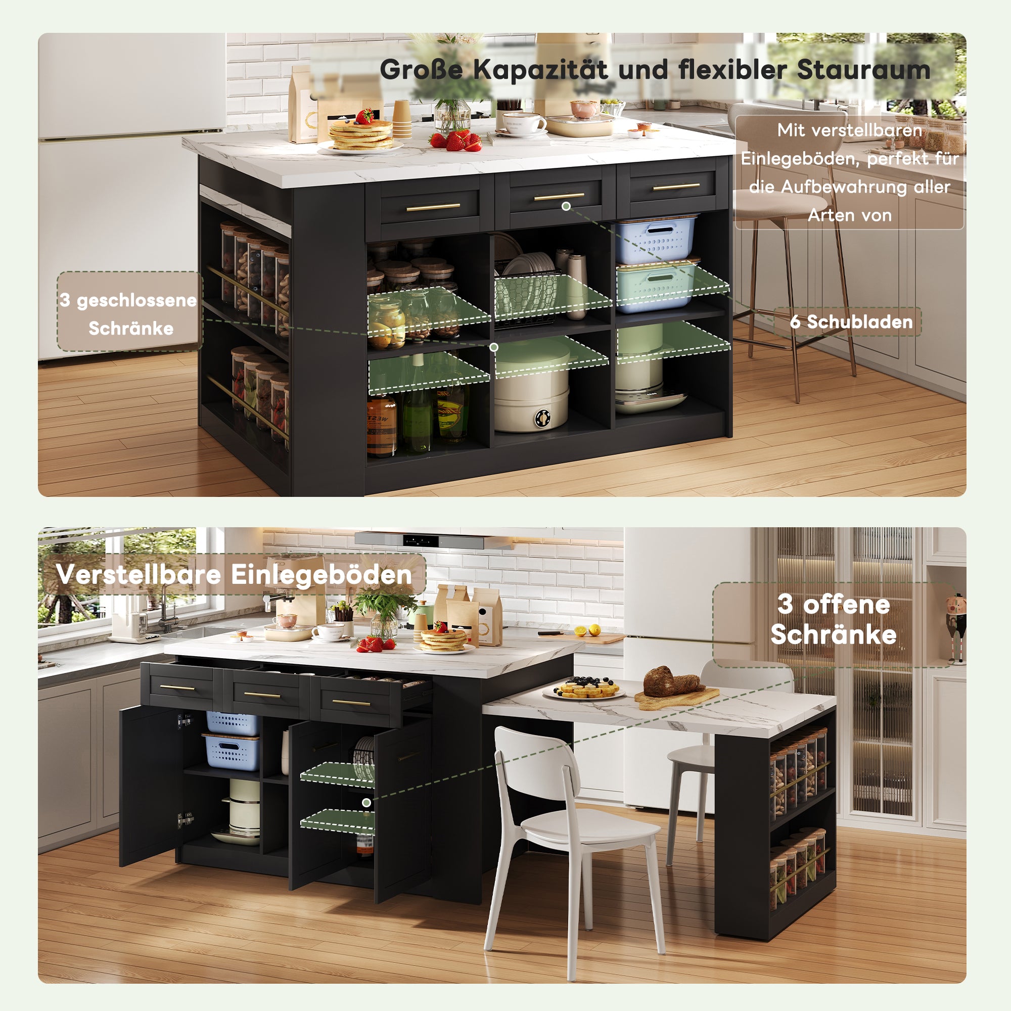 Multifunctional Kitchen Island Extendable Dining Table Storage 150cm+96cm White Marbled Wooden/Black
