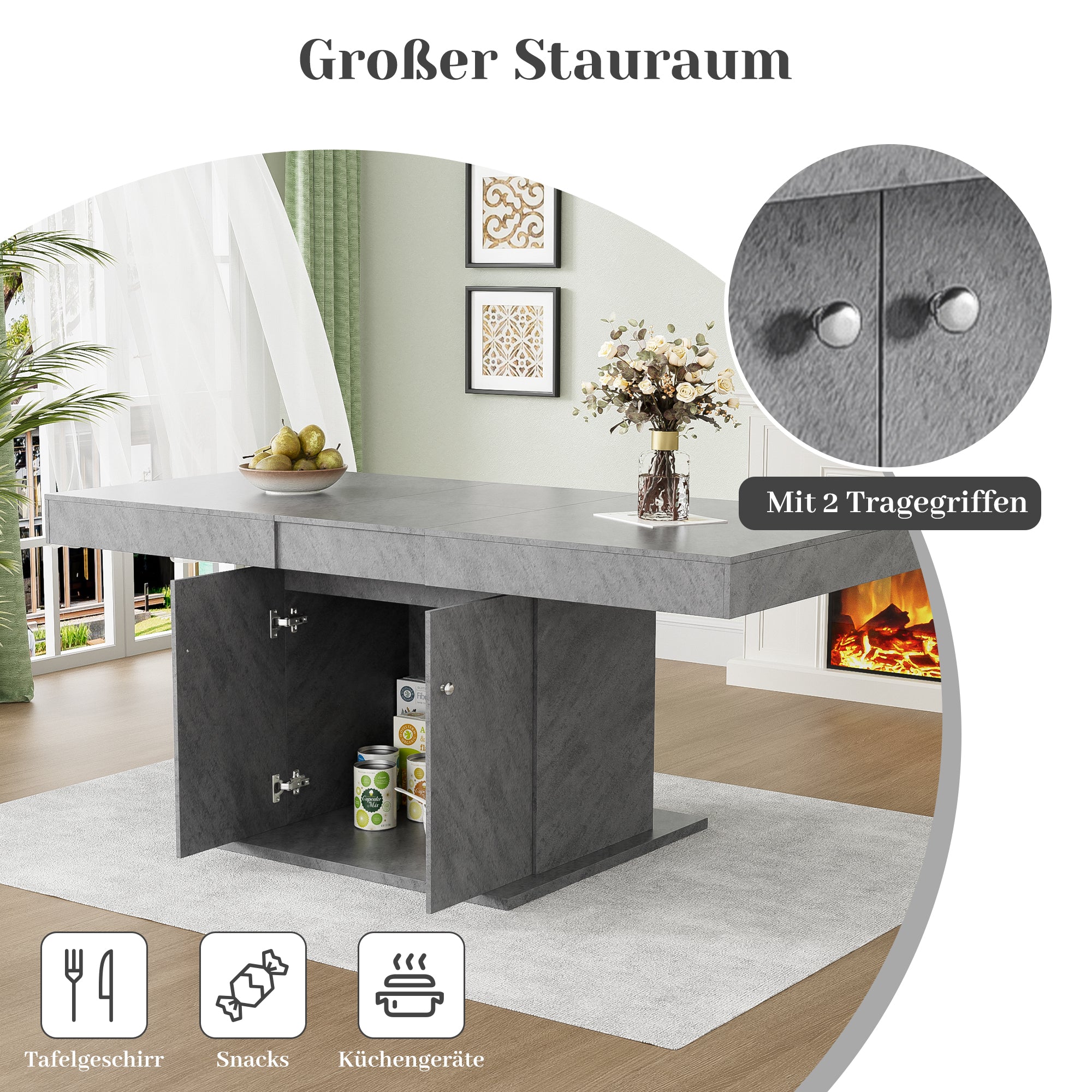 Extendable Dining Table Automatic Telescopic Storage 140/180x80cm - Concrete Look