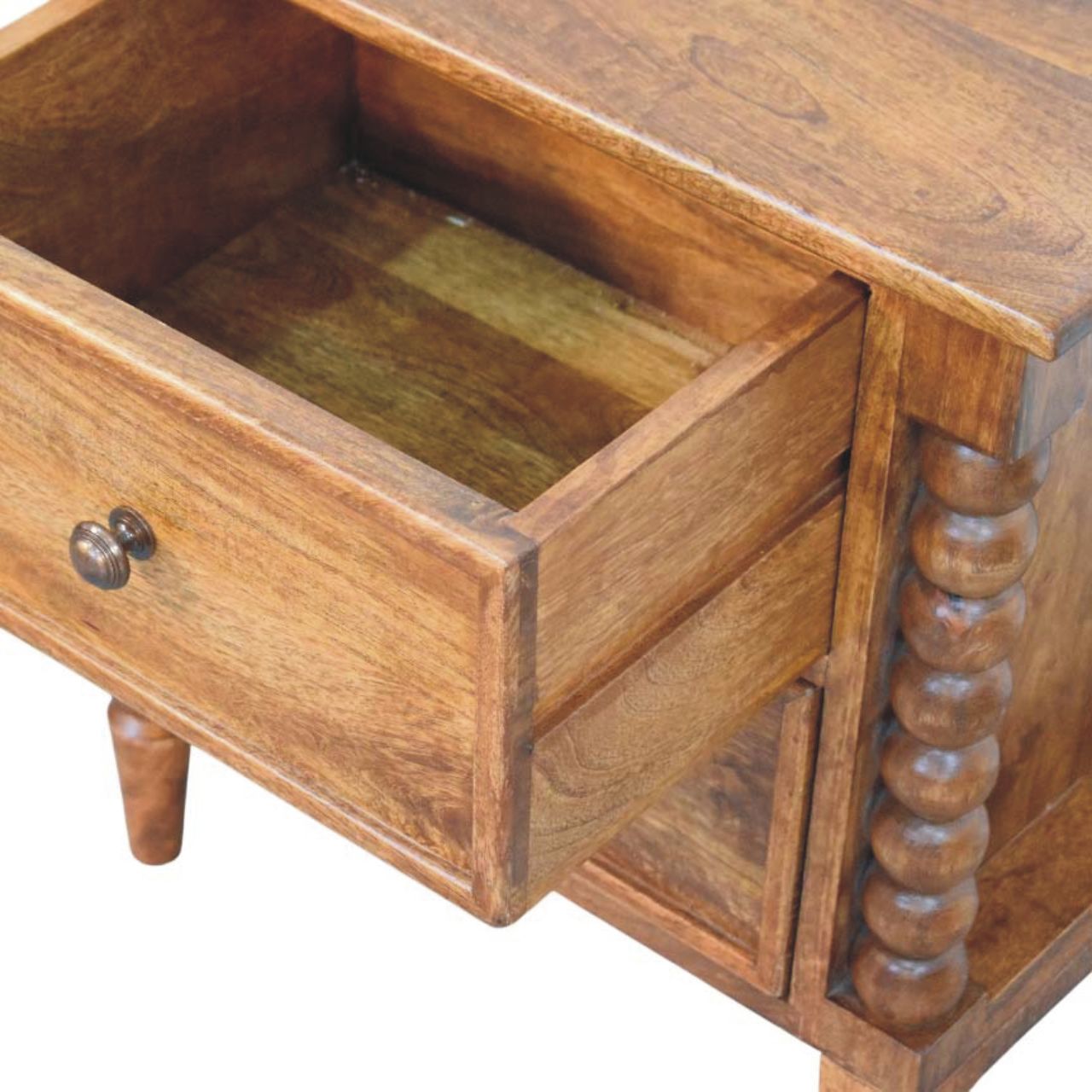 Solid Wood Nightstand, Spindle Leg 2 Drawers, Amber Oak/Brown