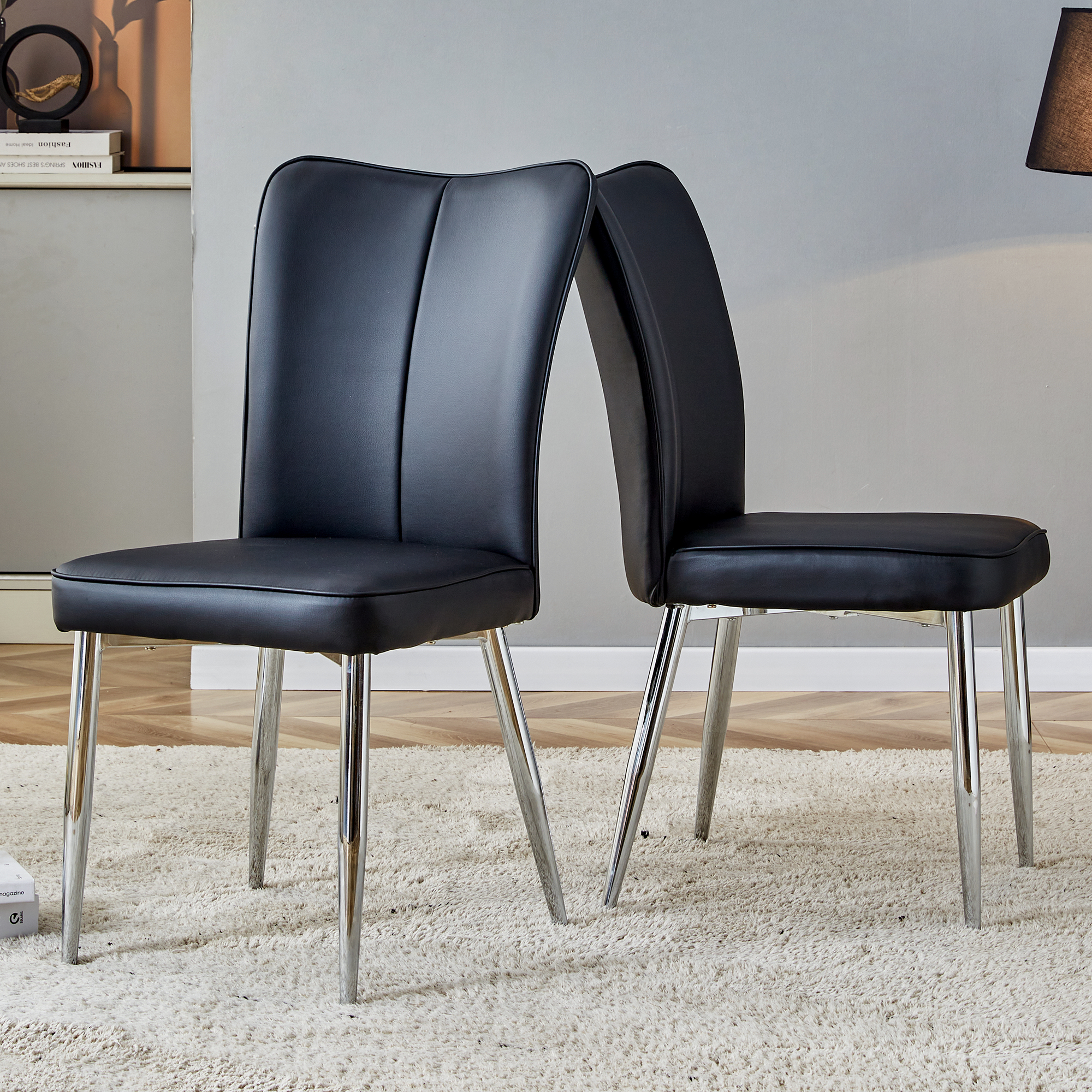 2 Modern Dining Chairs, 89cm High, Black PU