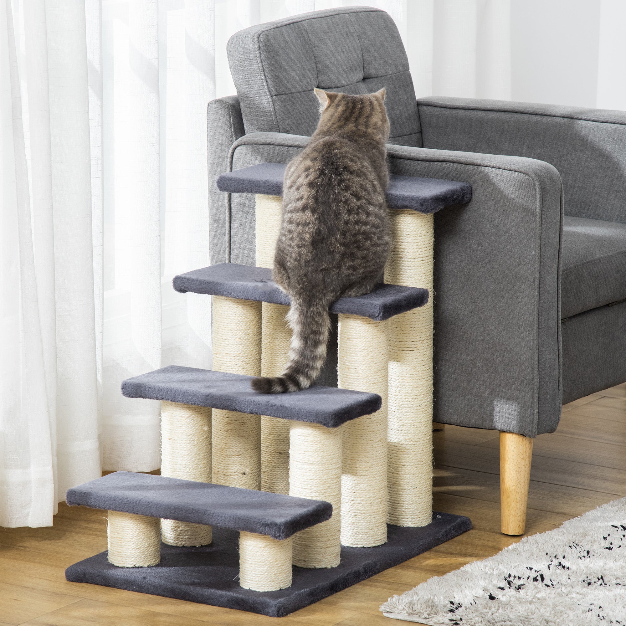 Pet Stairs 4-Step Dog & Kitten, Soft Plush, Grey