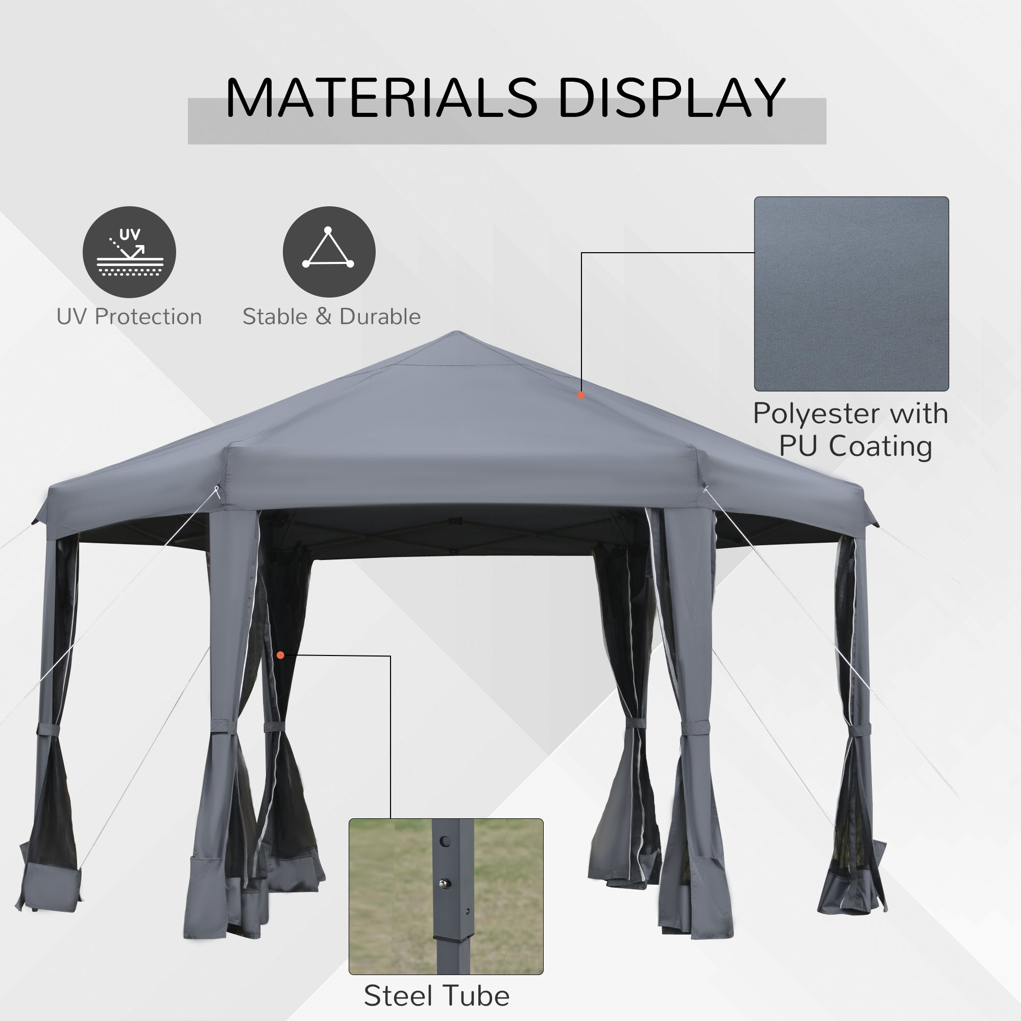 Pop Up Gazebo Hexagonal Canopy Tent with 6 Mesh Sidewalls, Grey
