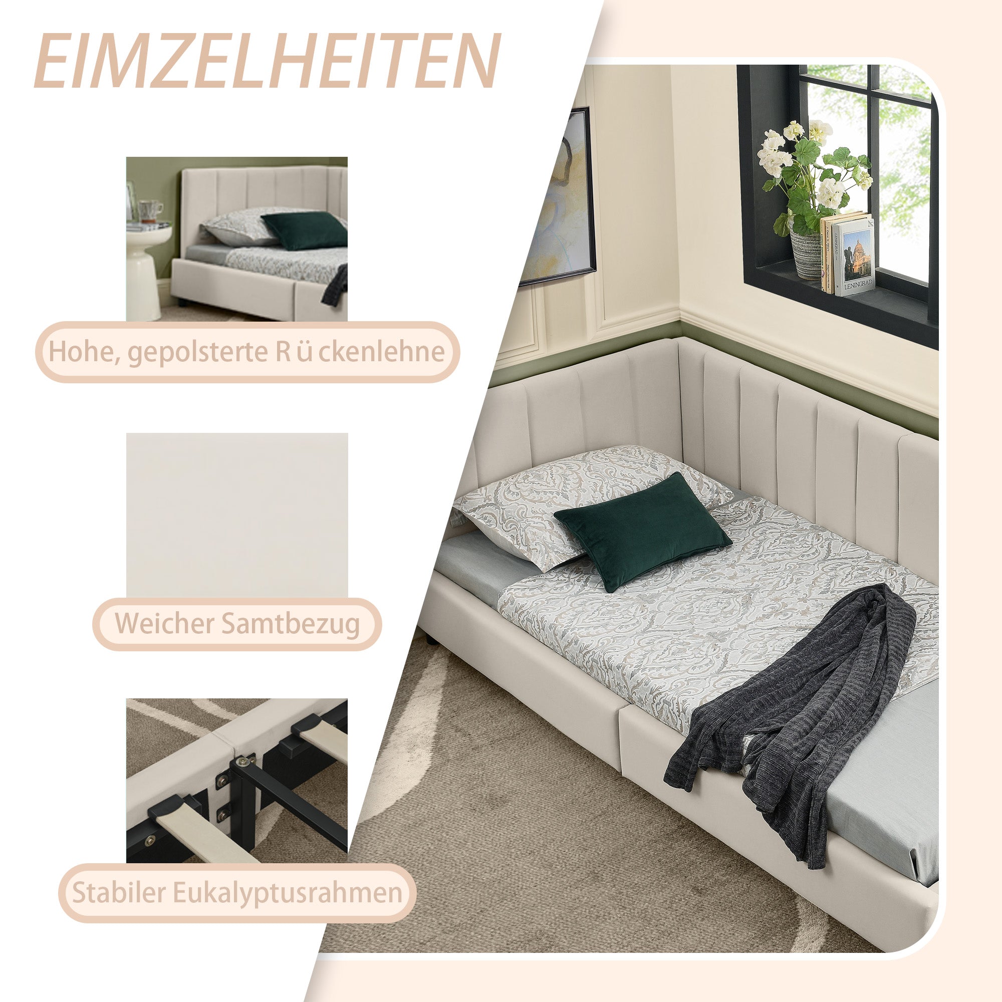 Single Bed 90x200cm High Backrest, Velvet Beige