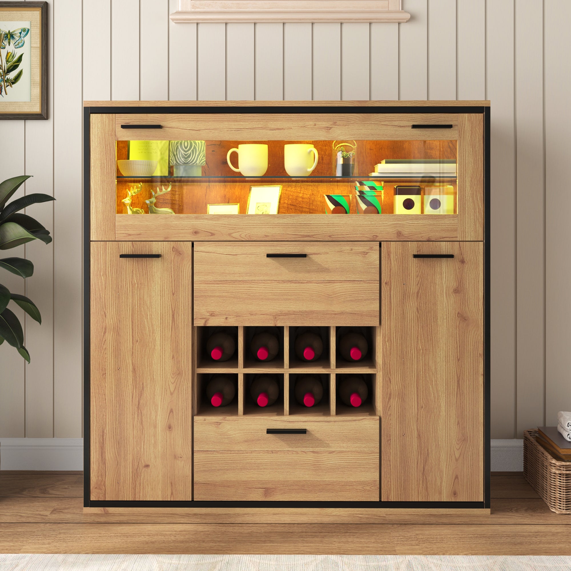 Sideboard, Elegant Wine Cabinet with Double Doors, Glass Shelf & Wine Holder