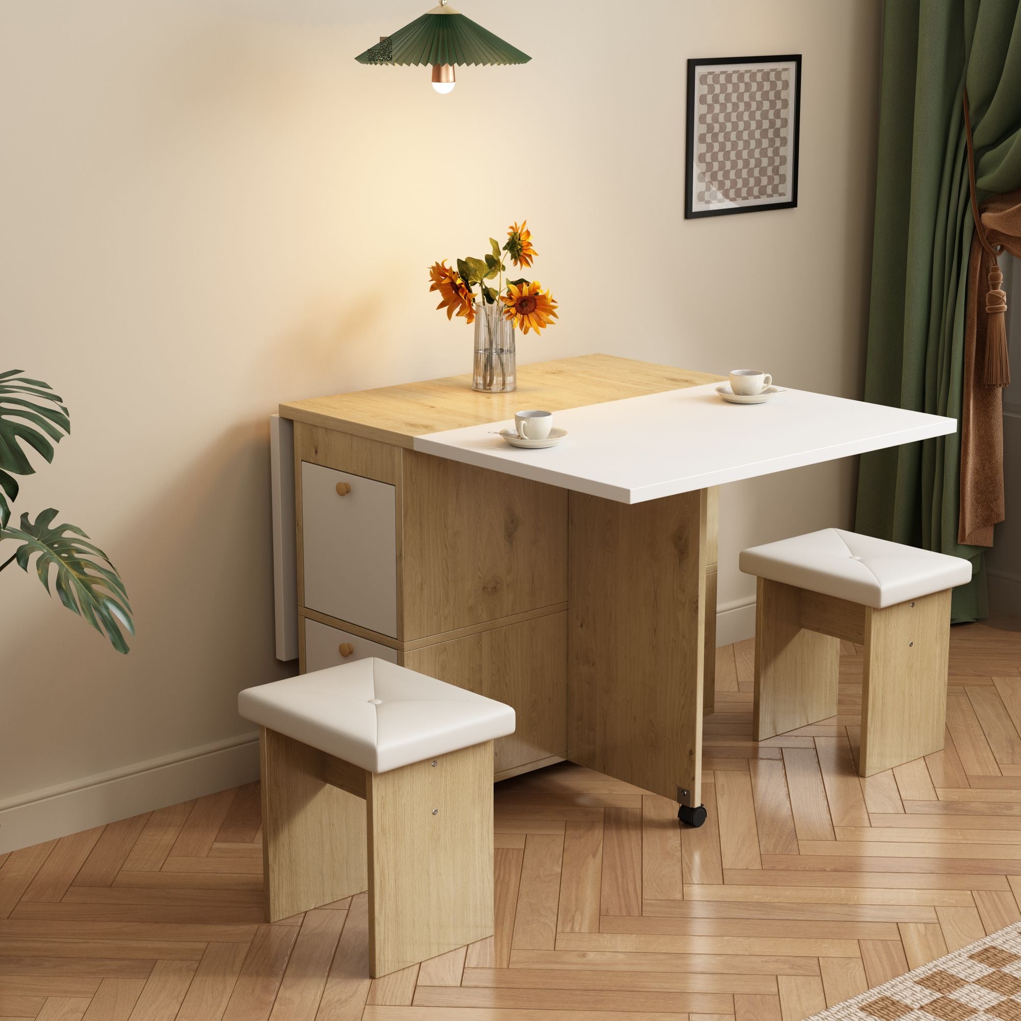 Dining Table Set, Folding & Extendable with 4 Chairs, 120x80x75cm, White + Oak