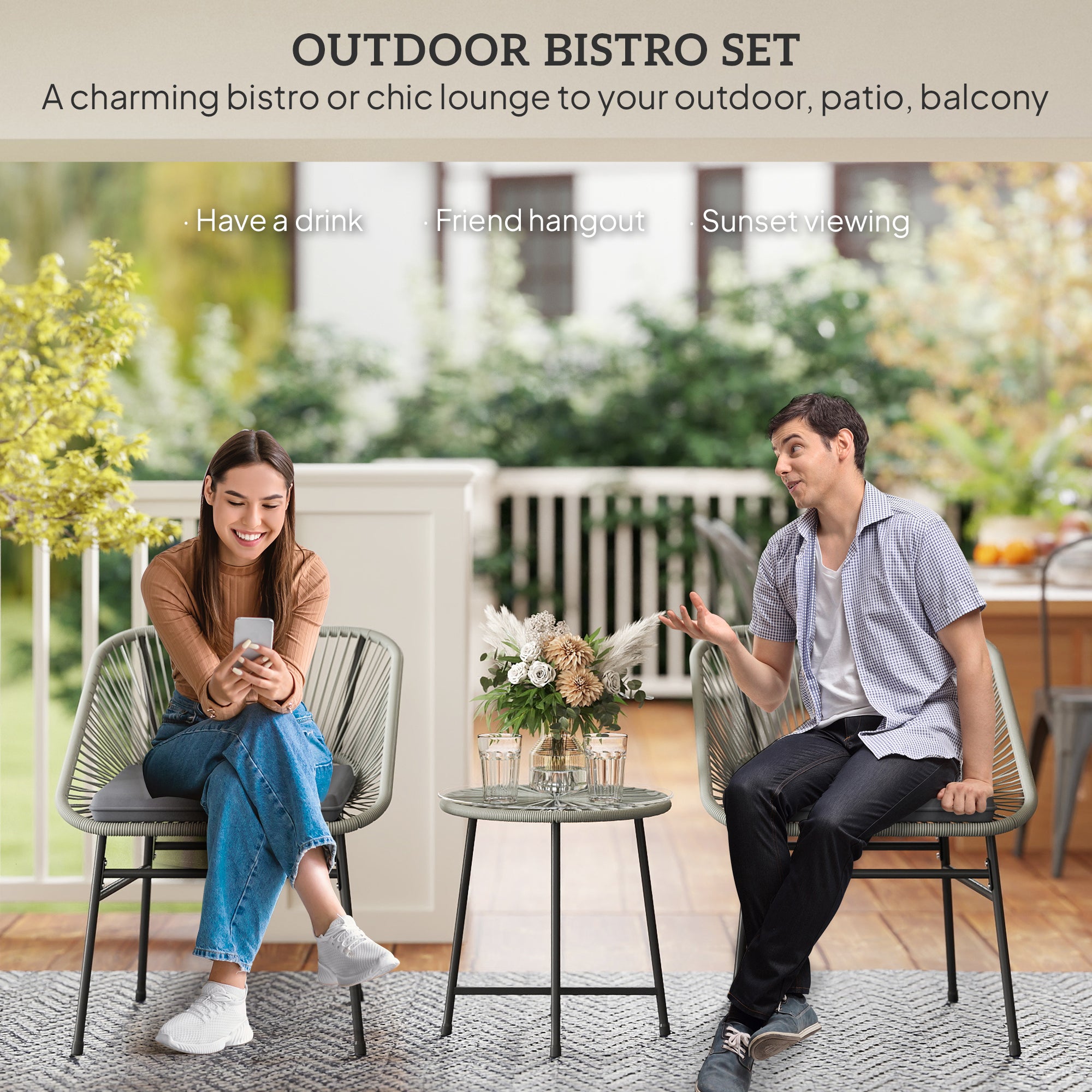 3 Pieces Rattan Bistro Set, Wicker Table and Chairs with Glass Top and Cushions, Light Grey