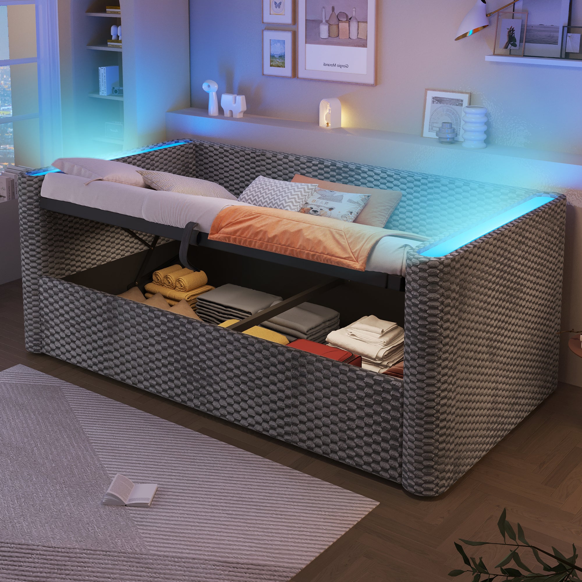 Daybed Sofa Bed 90x200cm LED Light Hydraulic Storage Velvet Grey