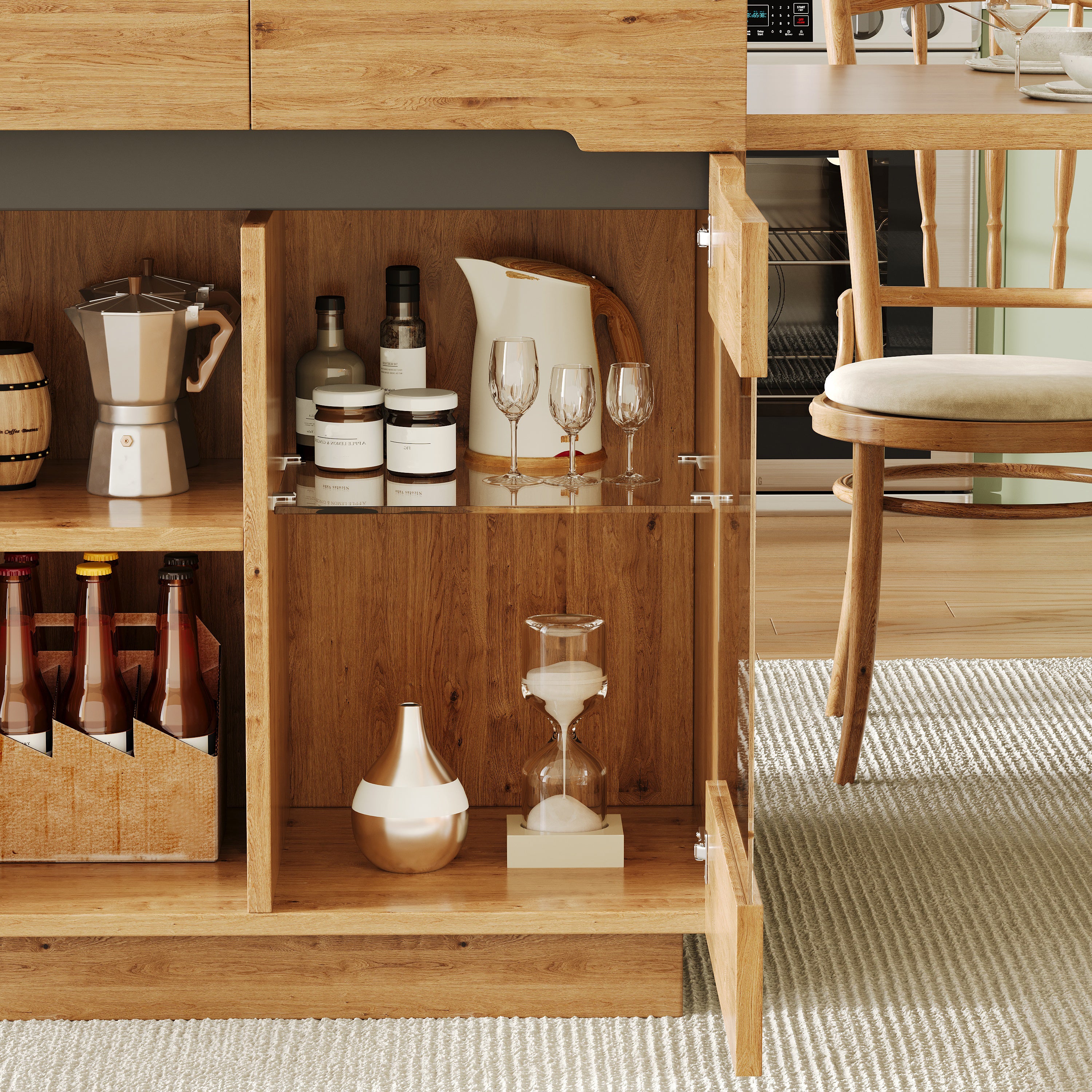 Kitchen Island with Extendable Table, Multifunctional Cabinet with LED Lighting and Drawers, Oak Look
