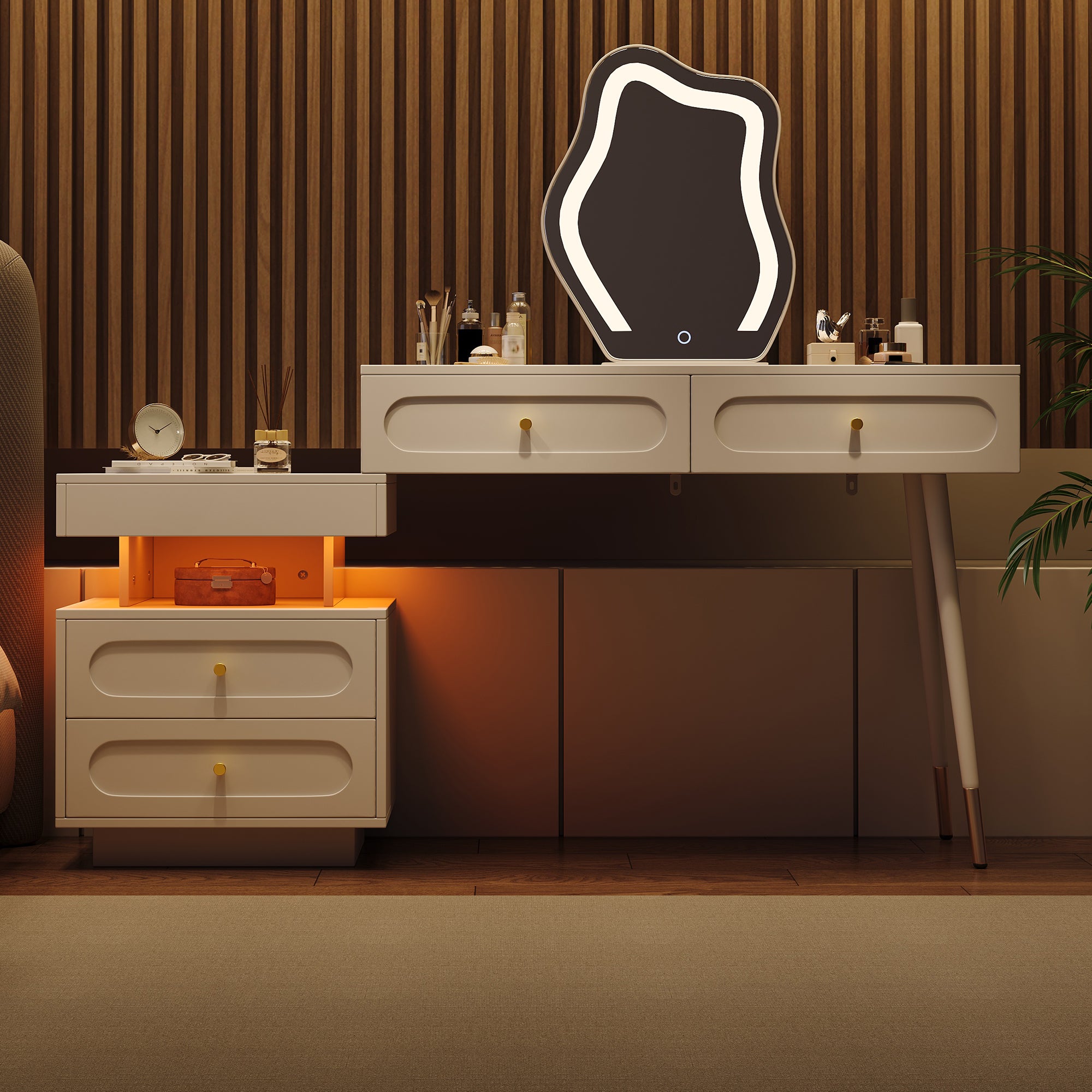 Dressing Table Set LED Mirror 4 Drawers Open Storage White