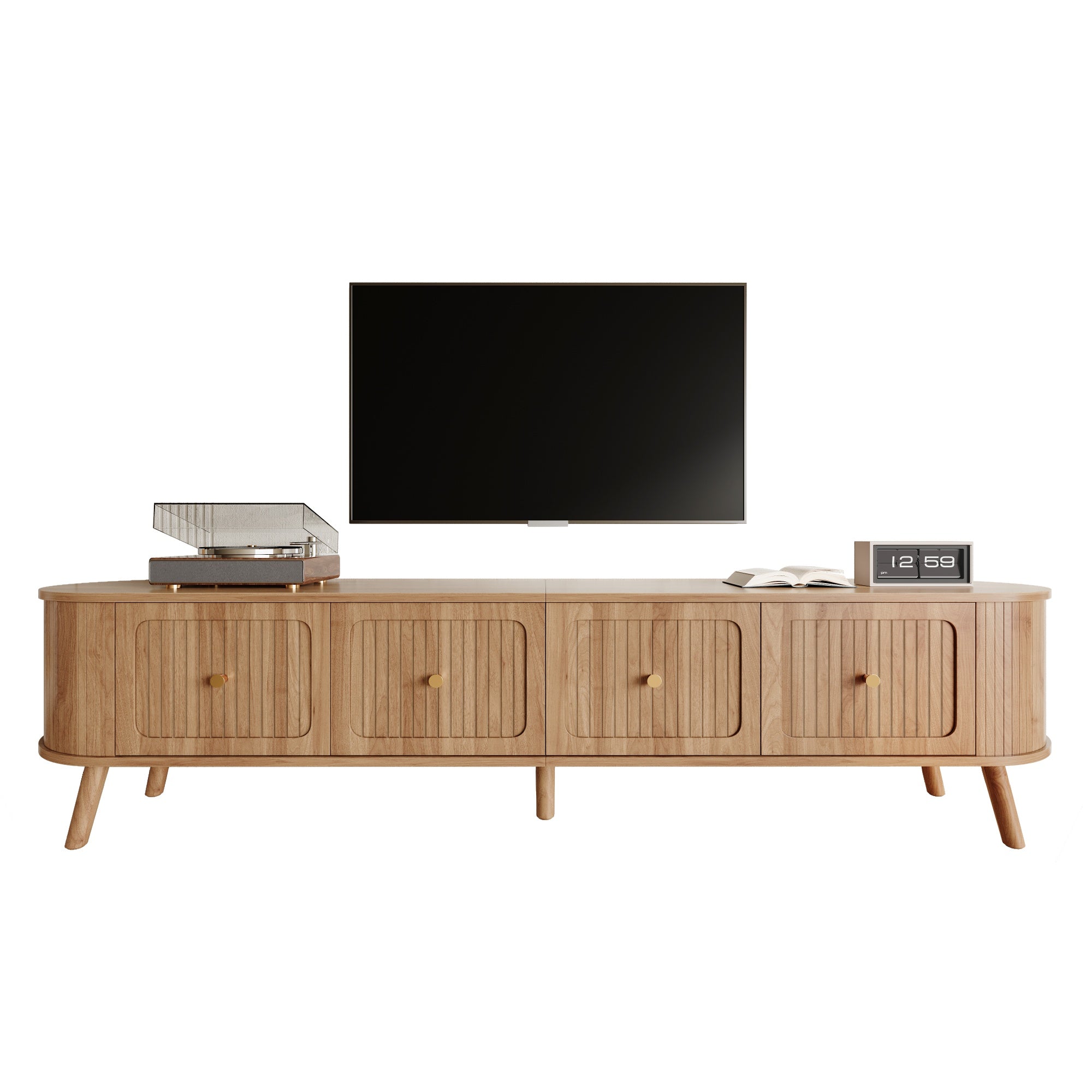 Modern TV Cabinet with 4 Doors and Gold Handles, Oak finish