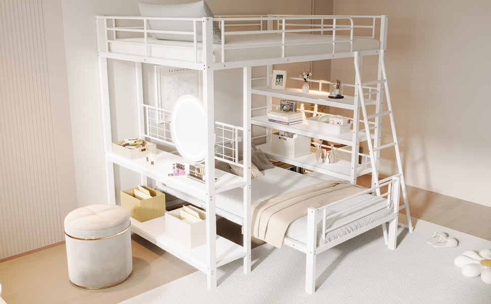 Bunk Bed, Loft 140x200 Multifunctional with Storage, White Metal