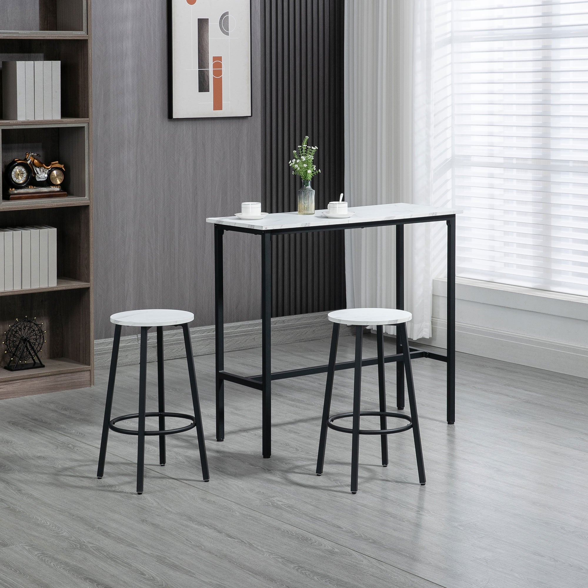 Three-Piece Bar Table Set Marble-Effect White/Black