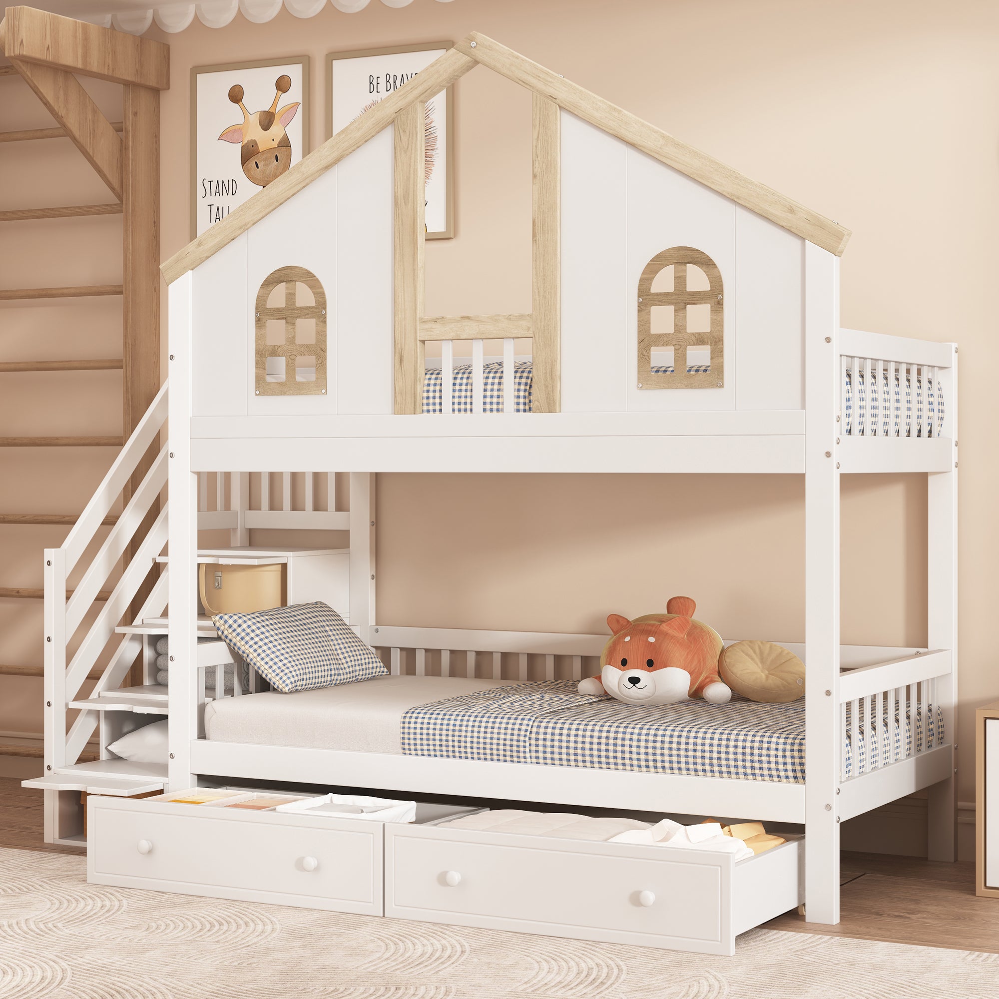 Bunk Bed, Children's with Safety Gate, Drawers & Storage Stairs, Pine+MDF, White+Natural