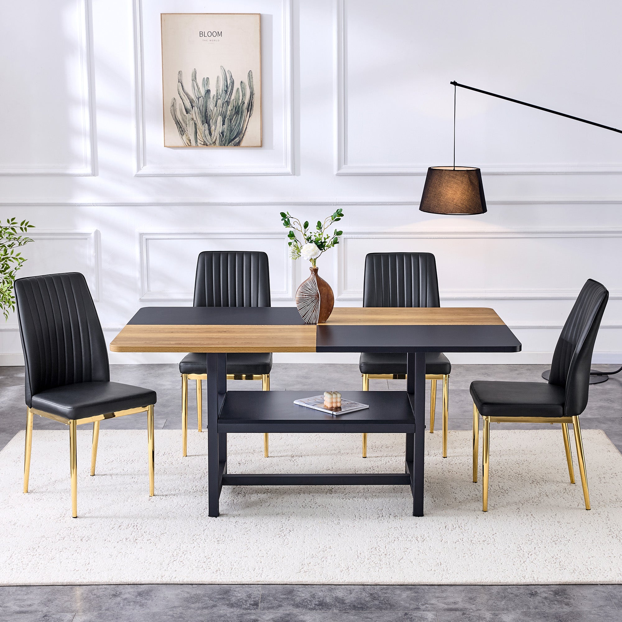 Dining Table Set, 85cm Safety Glass Table with 4 Minimalist Chairs, Black Faux Leather
