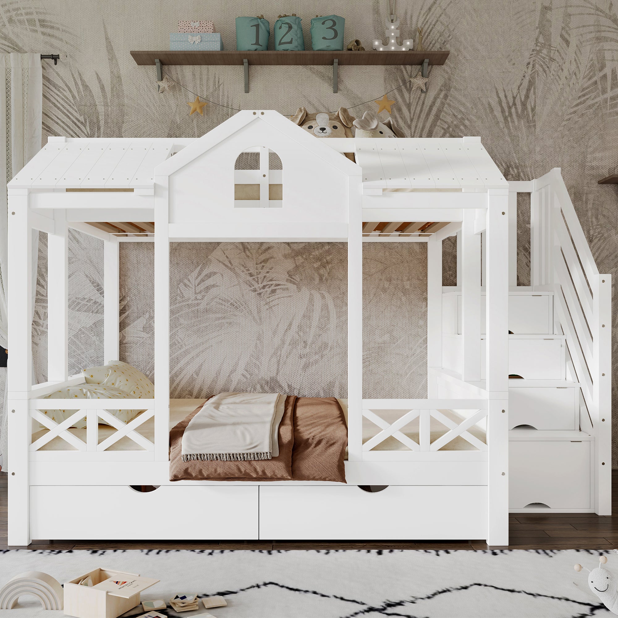 Bunk Bed Children's Storage, Drawers & Stair Cupboard, Pine + MDF + Plywood White