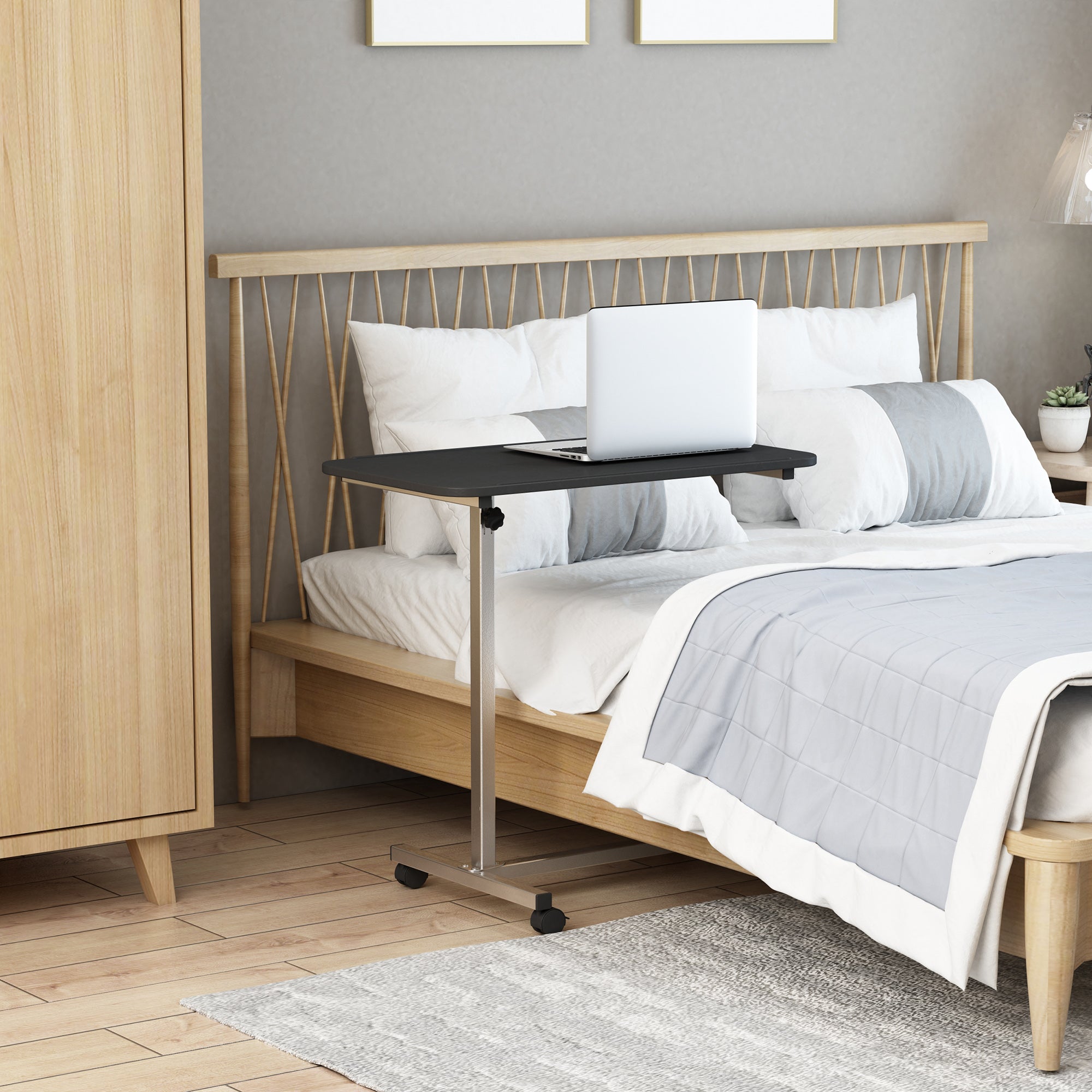 Over Bed Table Height Adjustable C Shaped Laptop Desk Portable with Wheels, Black