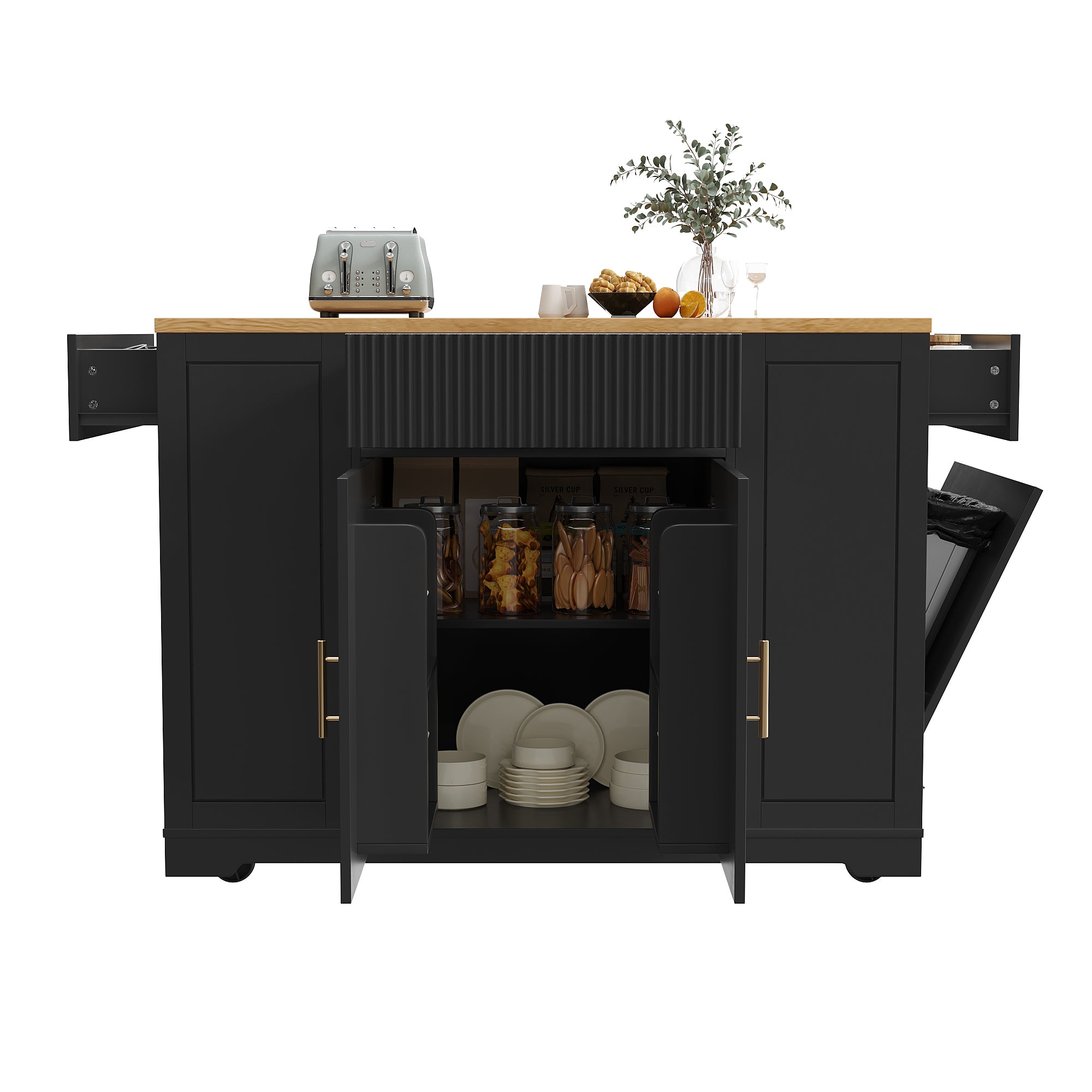 Kitchen Island with Waste Bin Compartment, 2 Doors & 3 Drawers, Black Wood Grain