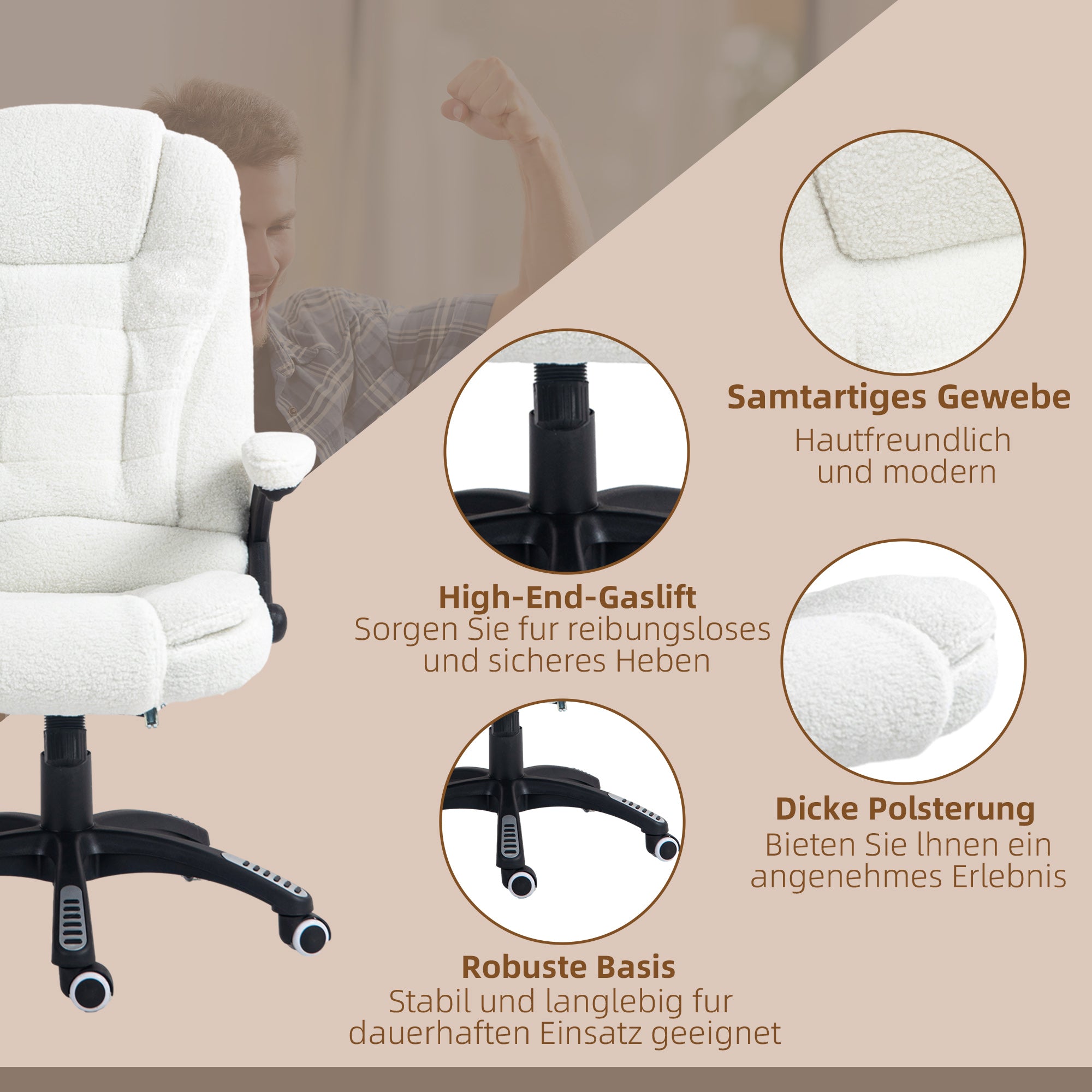 Massage Office Chair, Height Adjustable Rocking Heating Reclining Footrest, Teddy Velvet White