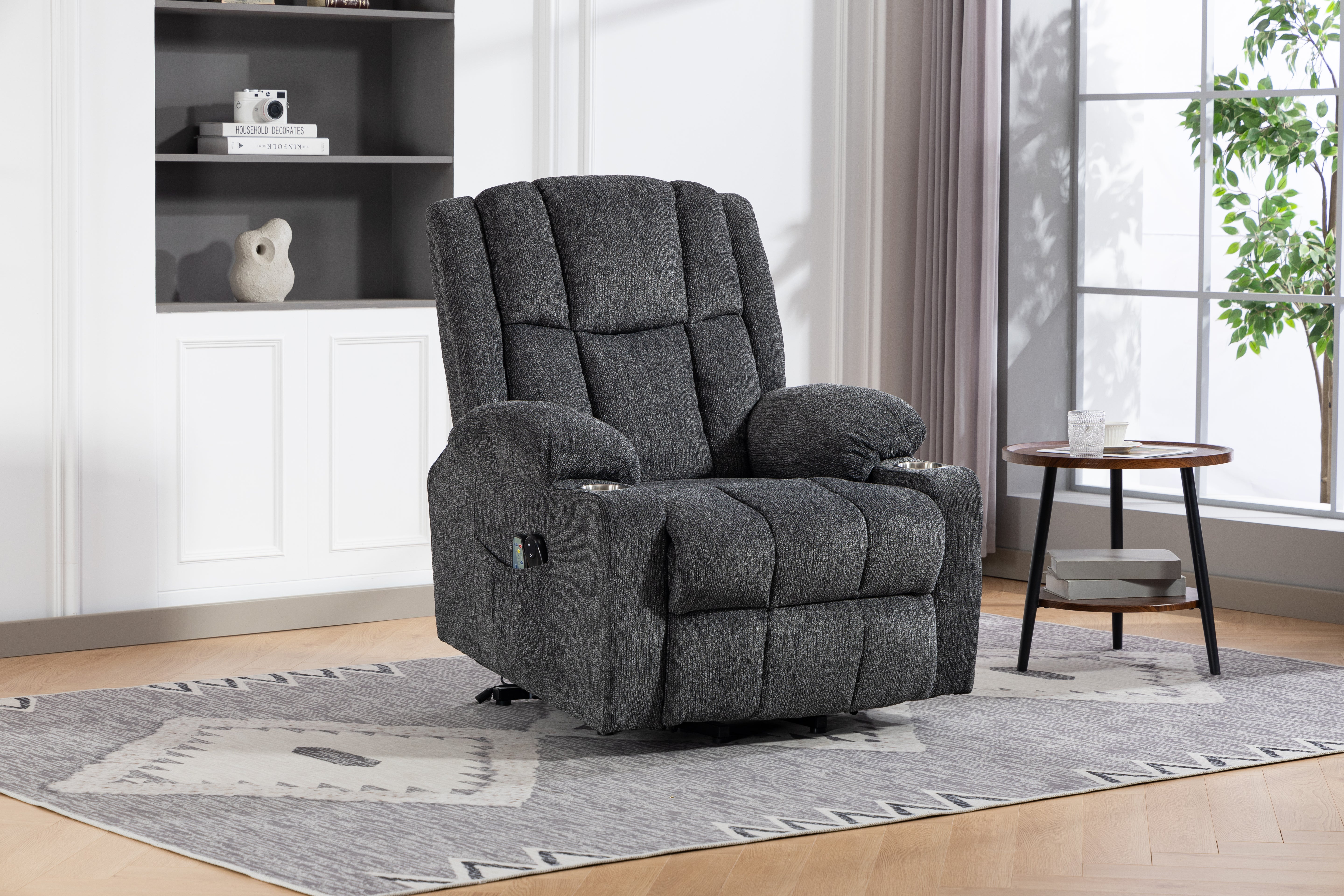 8205 Electric Armchair with Lift, Massage, Heat, Footrest, Side Pockets & Cup Holder, Dark Grey