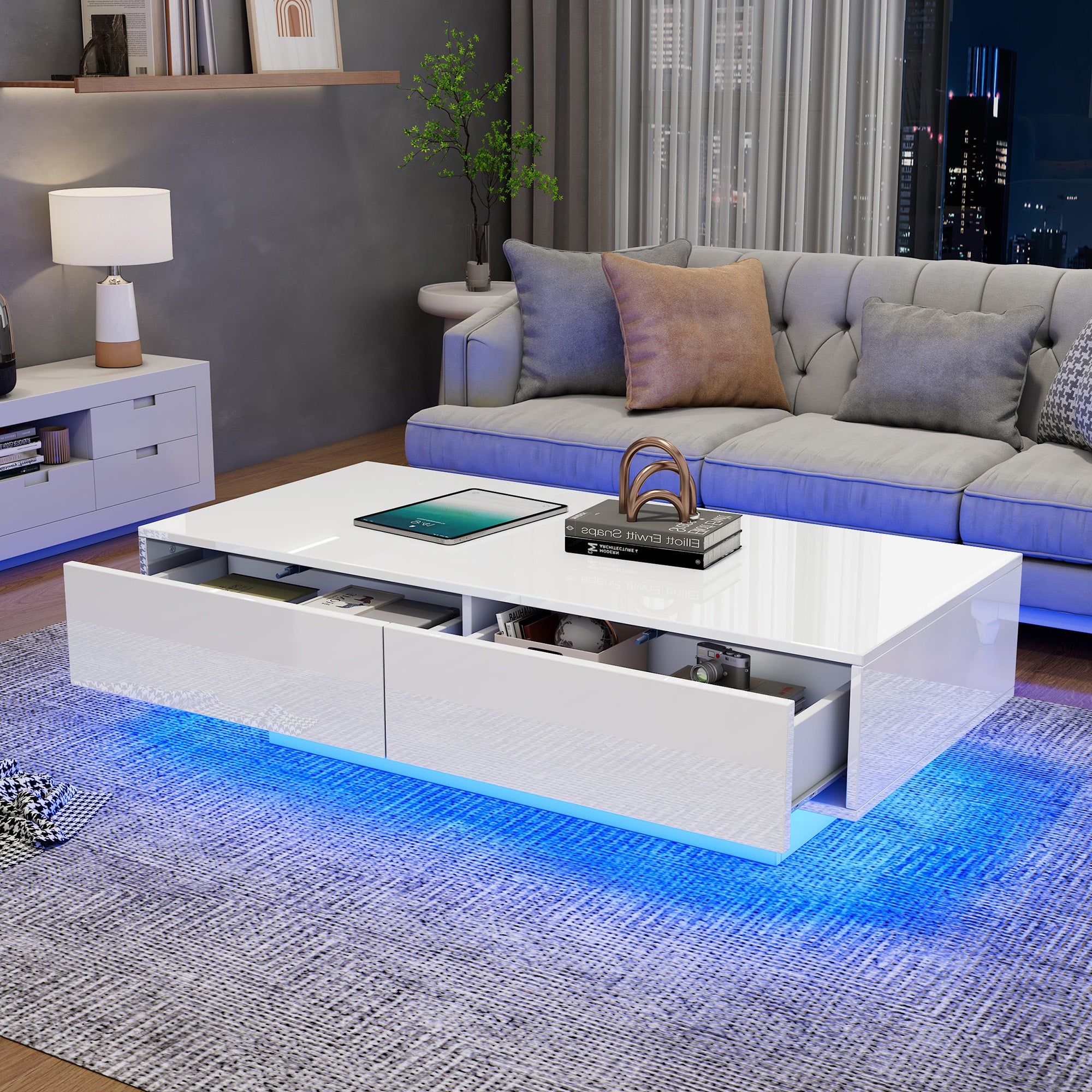 Coffee Table, Modern High-Gloss with 2 Drawers, LED Lighting, White