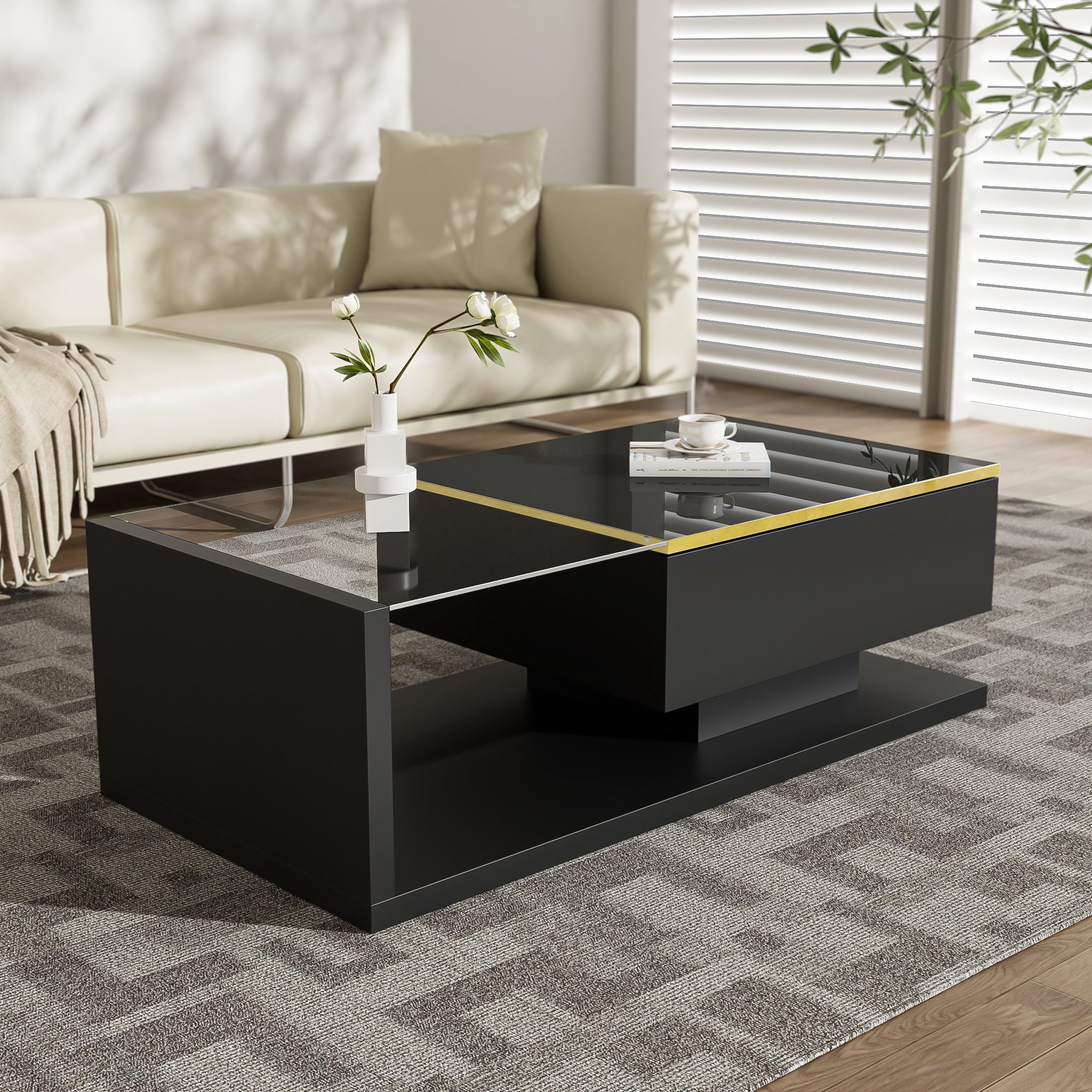 Coffee Table 100cm Long Glass LED Effect High-Gloss Black