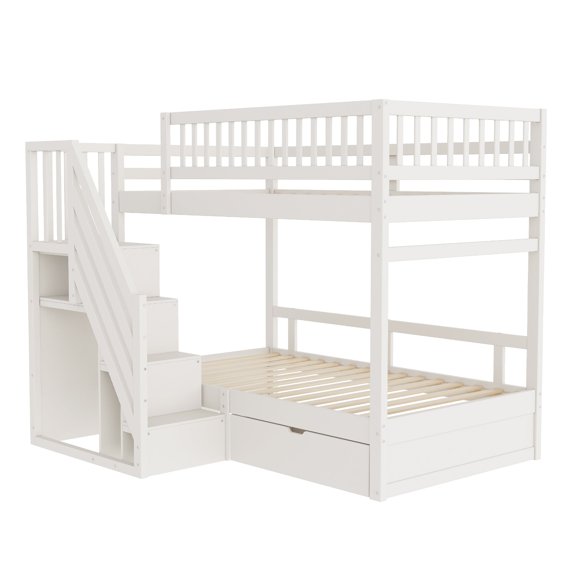 Bunk Bed, 90x200 cm, High Safety Rail, Storage Ladder & Drawers, Solid Wood, White