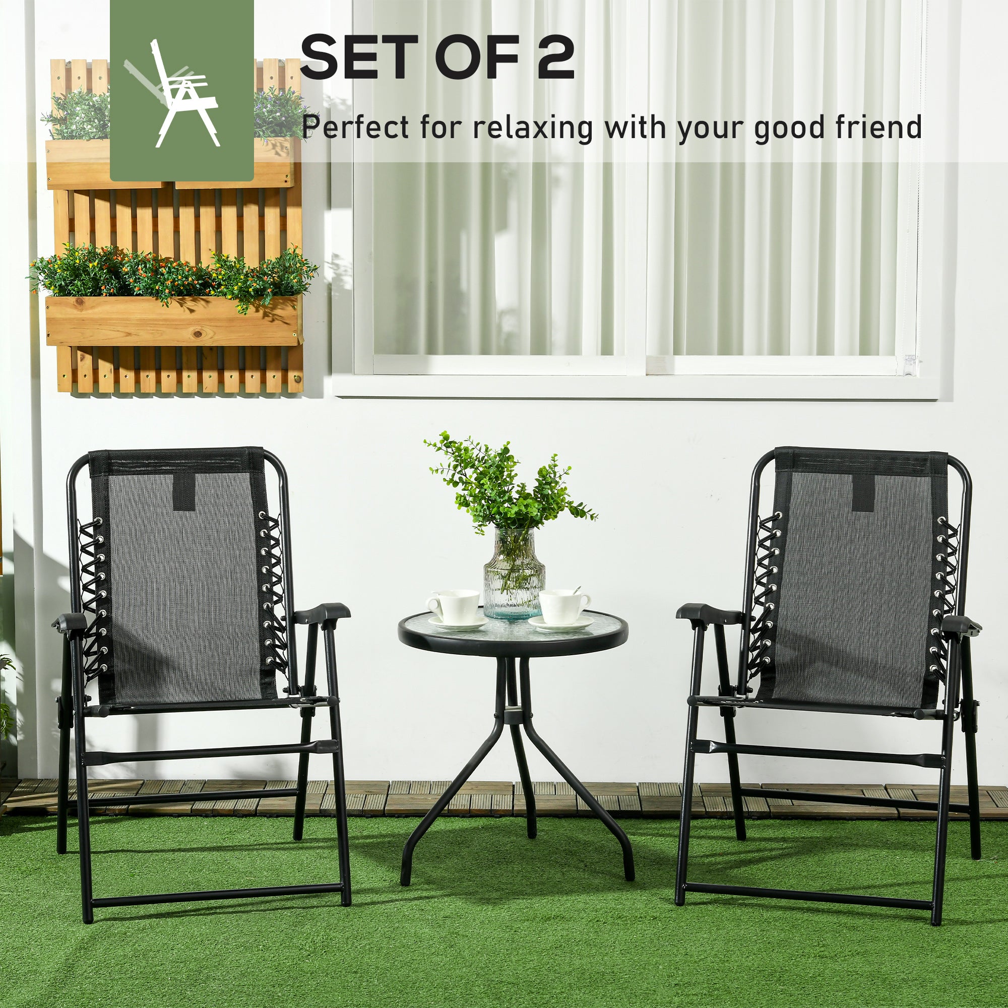2 Pcs Patio Folding Chair Set Outdoor Portable Loungers with Armrest Steel Frame, Black
