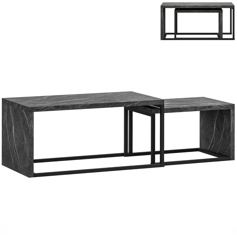 Coffee Tables Set of 2, Industrial Nesting Metal Frame, Dark Grey Marble Effect