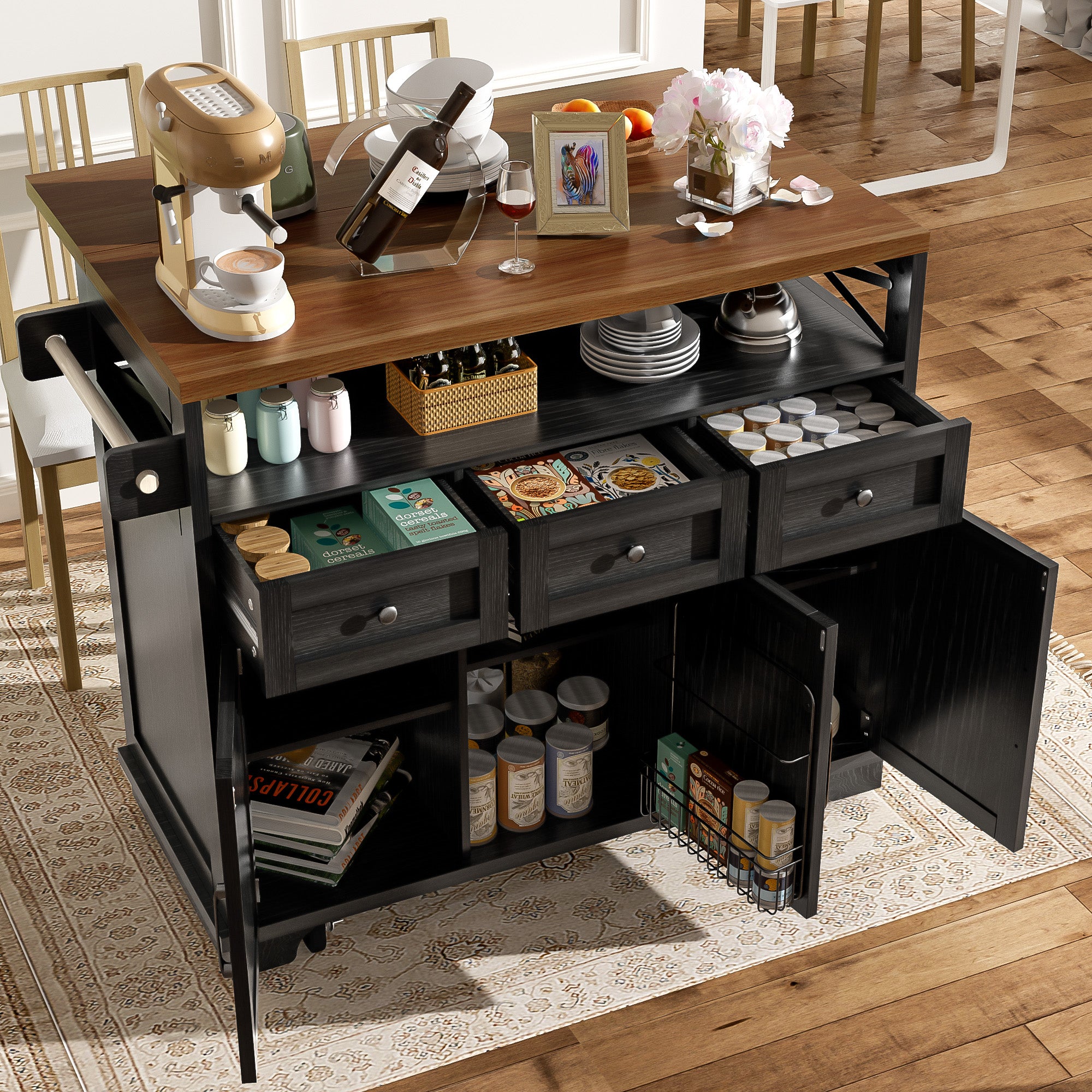 Kitchen Island Mobile Storage Cart with Dividers & Towel Rail - Wood Grain Black