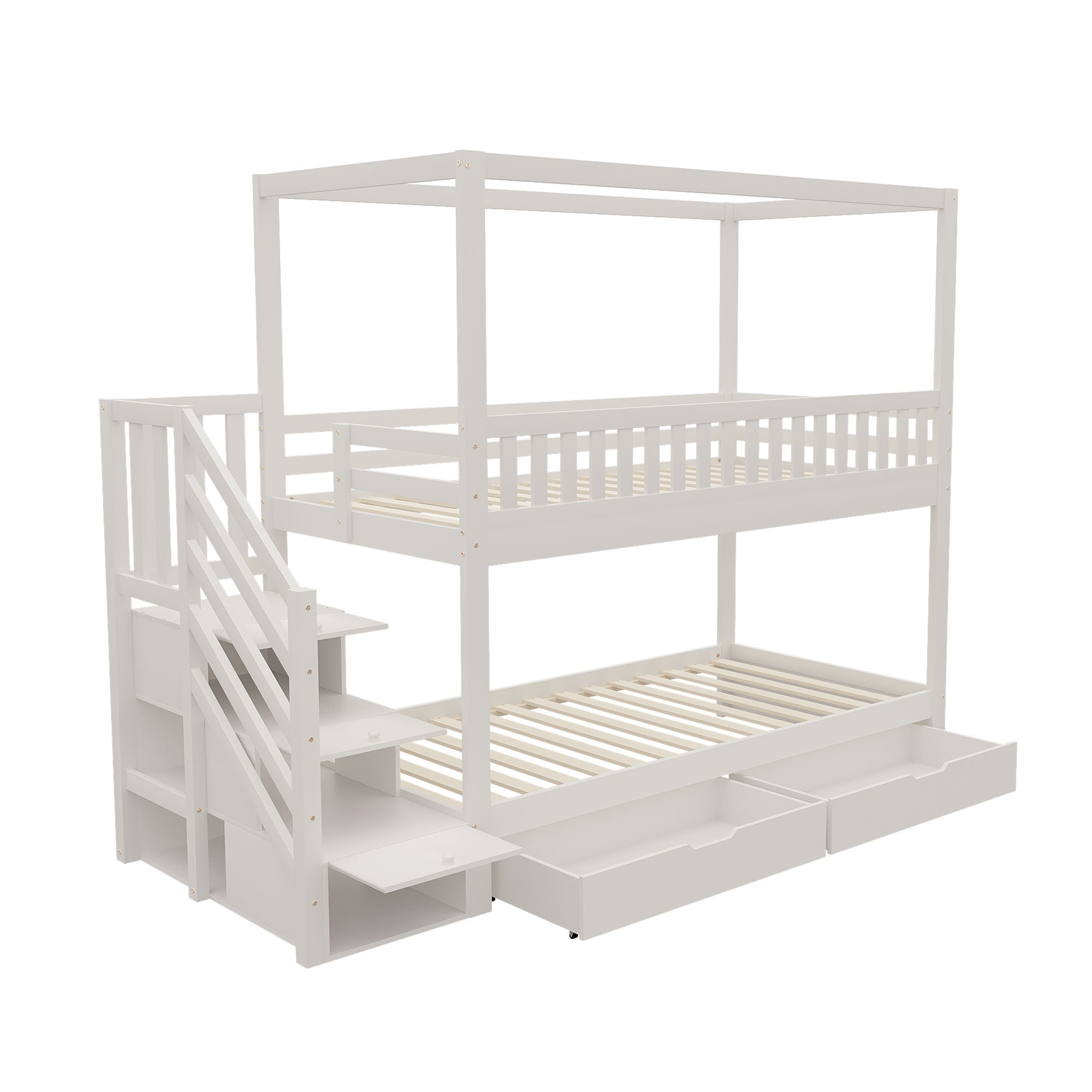 Bunk Bed, House-Shaped, Safety Railing, Storage, Solid Wood White