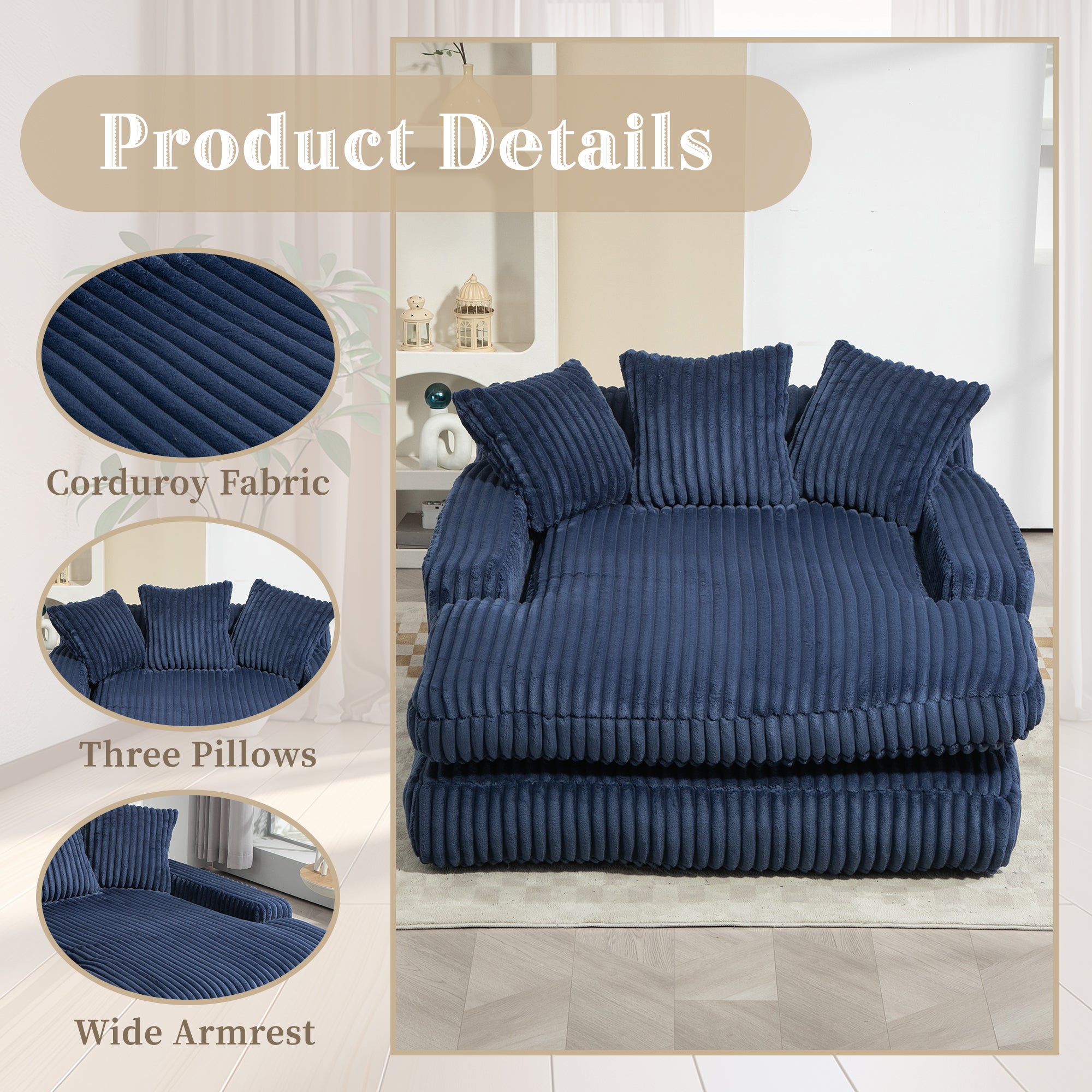 GOMYWAY Oversized Chaise Lounge Sofa Sleeper Chair with 3 Throw Pillows, Navy