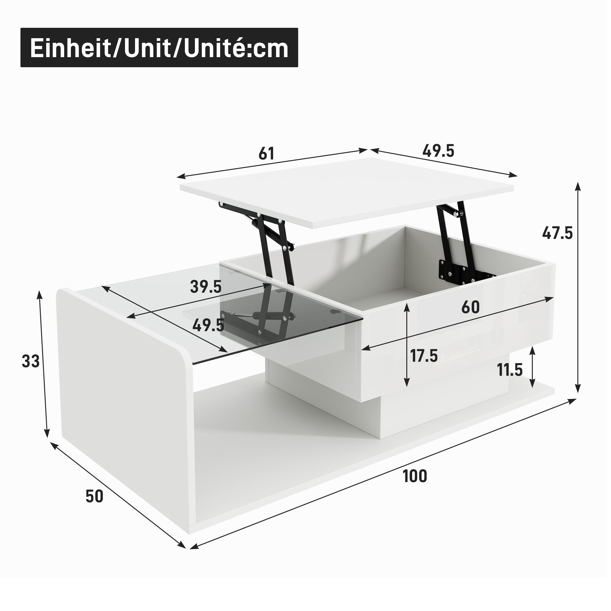 Coffee Table with Glass, LED Effect, and Lift-Top, High-Gloss White