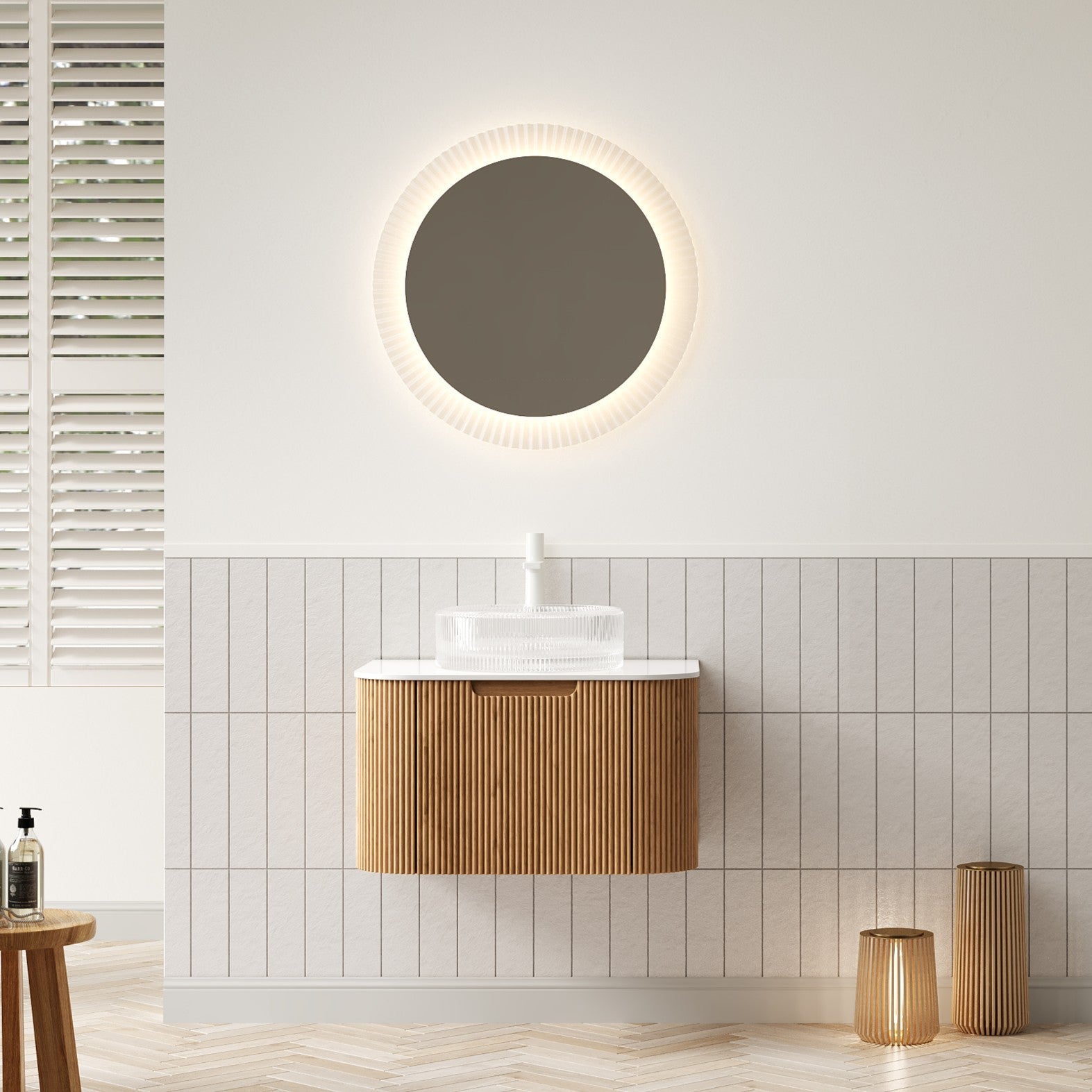 DINA 61cm Wall-Mounted Bathroom Vanity Unit with Glass Basin & Drawer, Natural Wood