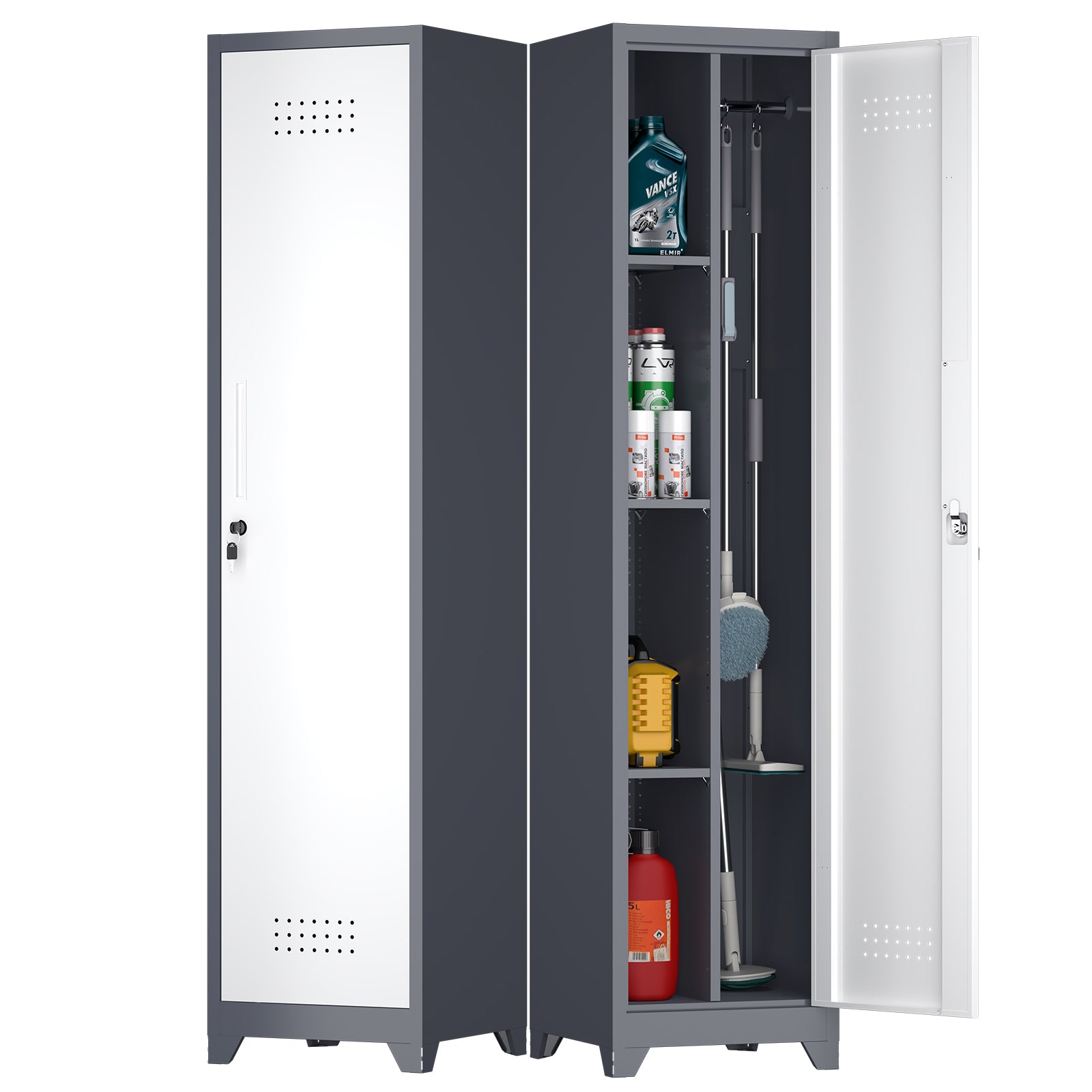 Slim Broom Storage Cabinet with Shelves, Hanging Rod & Locking Door - Metal