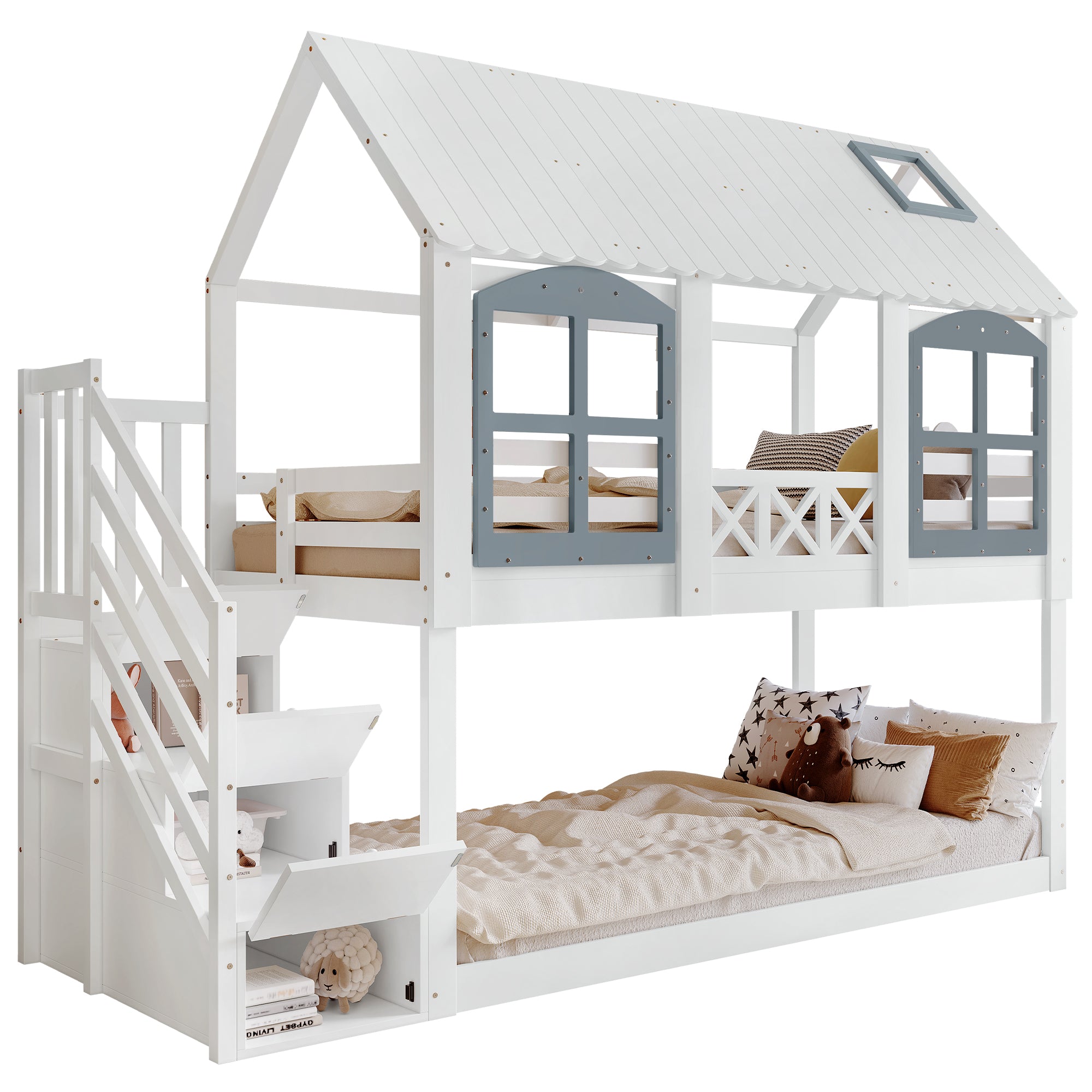 Bunk Bed with Roof & Window, Safety Gate & 3 Stair Lockers, 90x200cm Pine+MDF White+Grey
