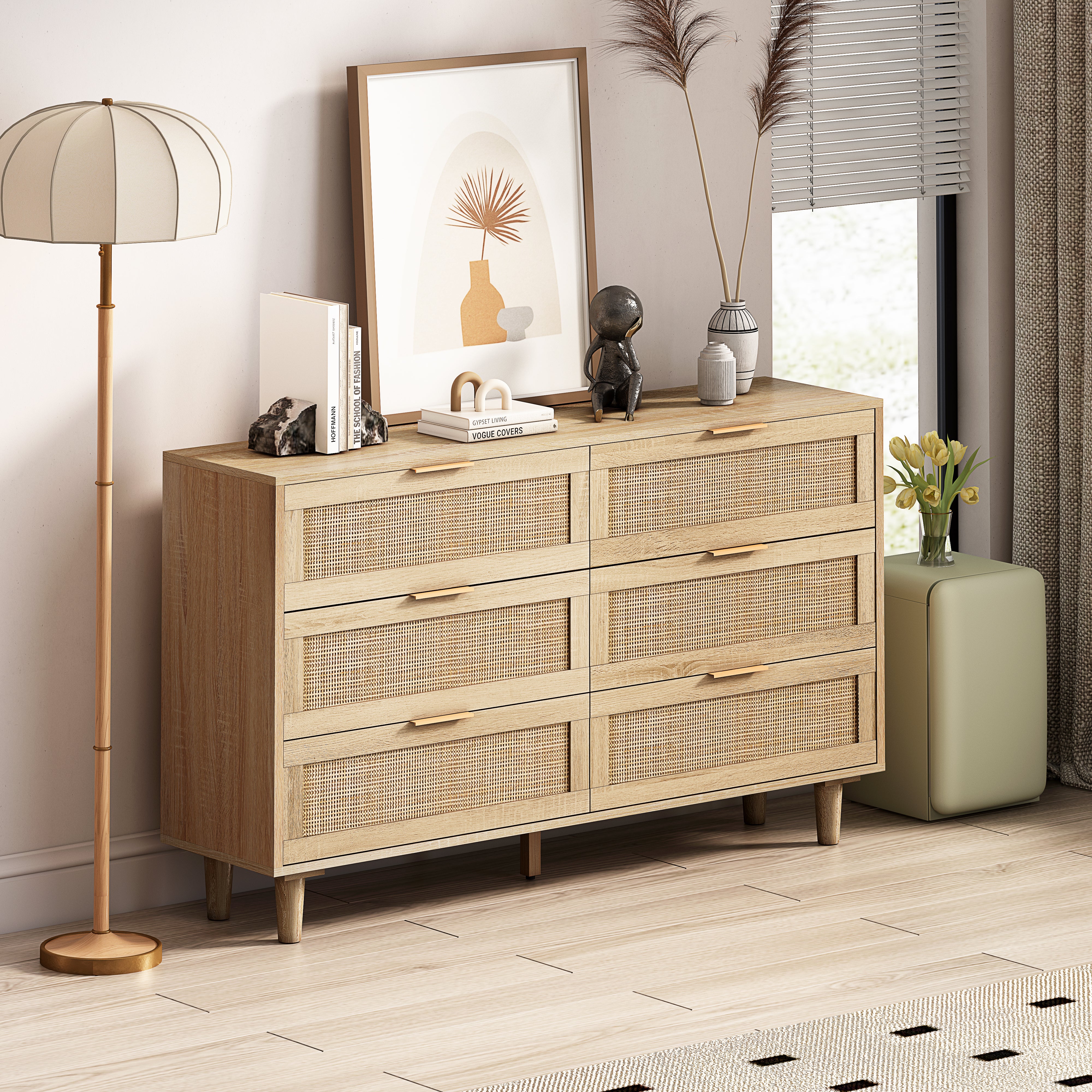 Rattan Storage Cabinet 6-Drawer 130cm Natural