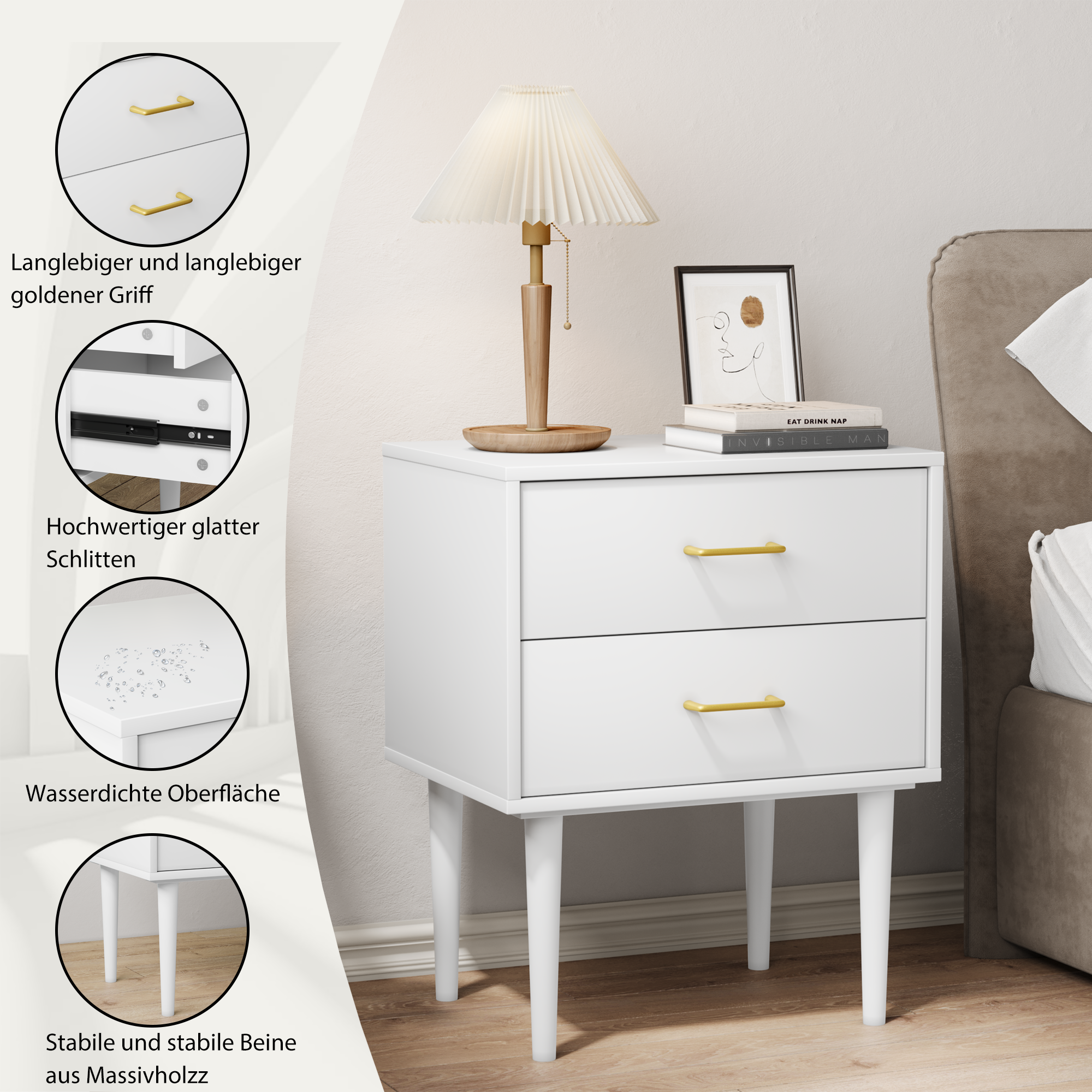White bedside table with 2 drawers, bedroom nightstand, modern nightstand with wooden legs, 1 piece
