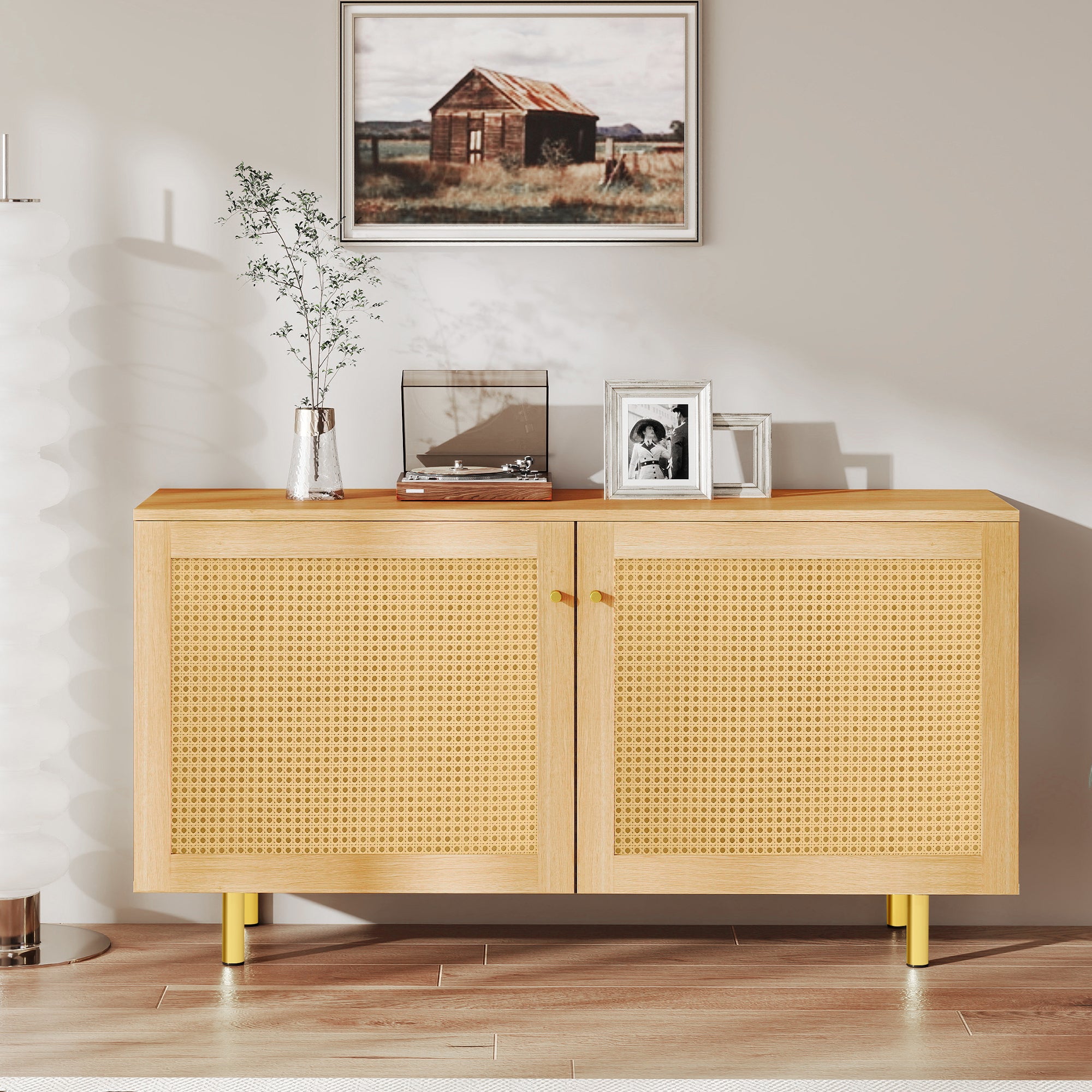 Wicker Sideboard Double-Door Storage Cabinet 120cm Natural Wood Look