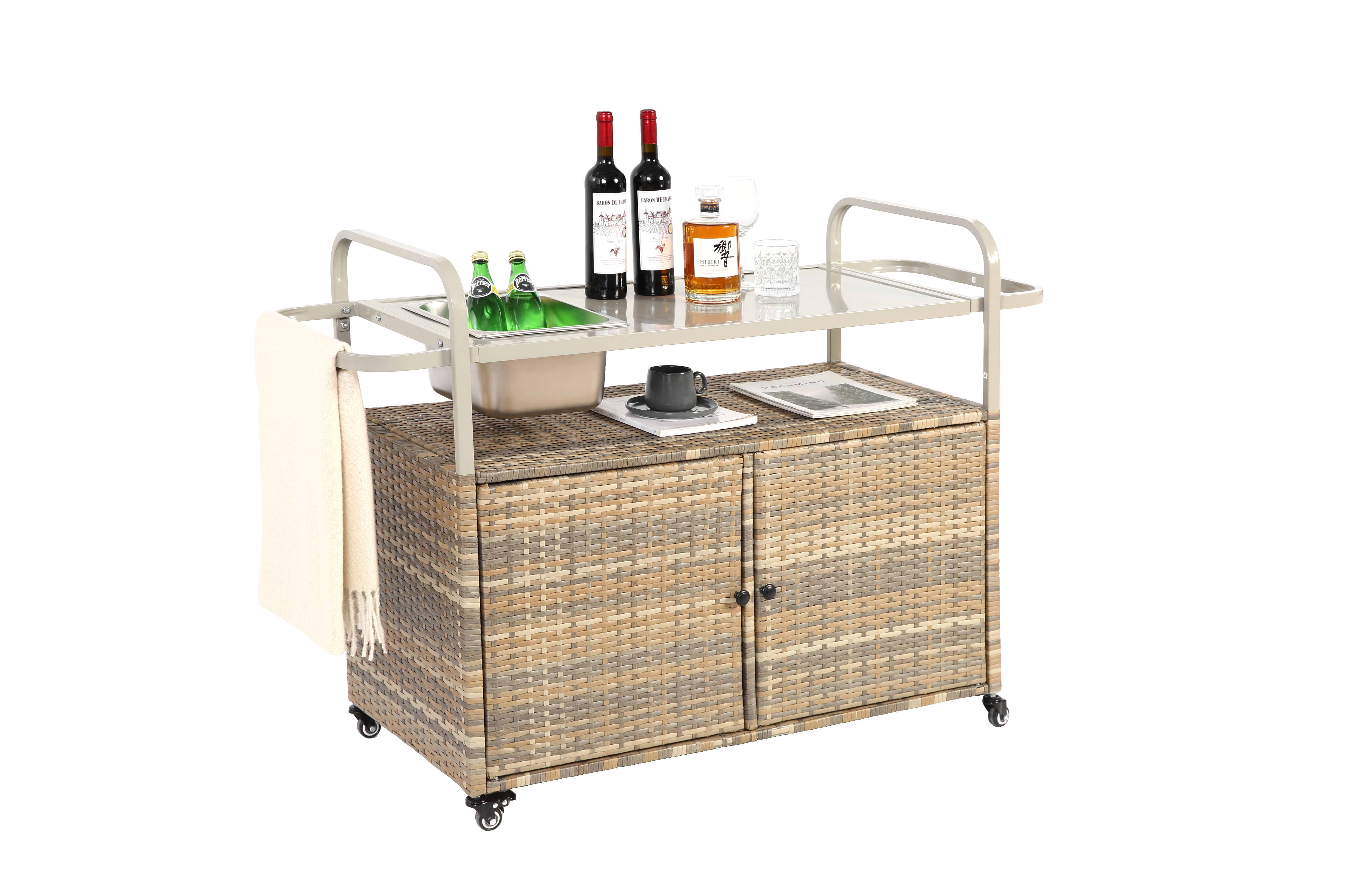 Outdoor Bar Table, Wicker Bar Cart with Cabinet, Steel Top, Ice Bucket, Lockable Wheels, Beige