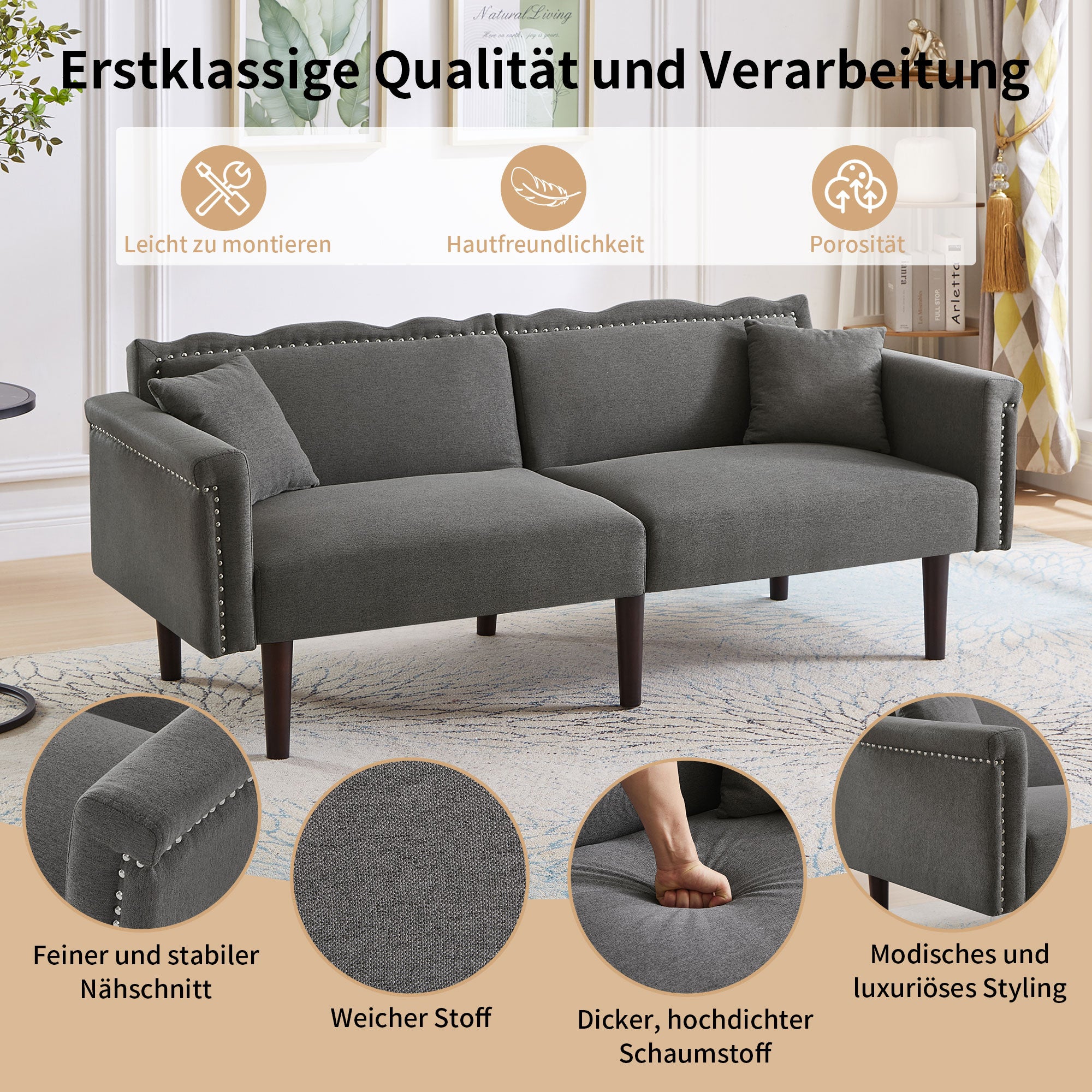 Sofa Bed, 2-in-1 Multifunctional Two-Seater, Adjustable Backrests, Cotton Linen Fabric