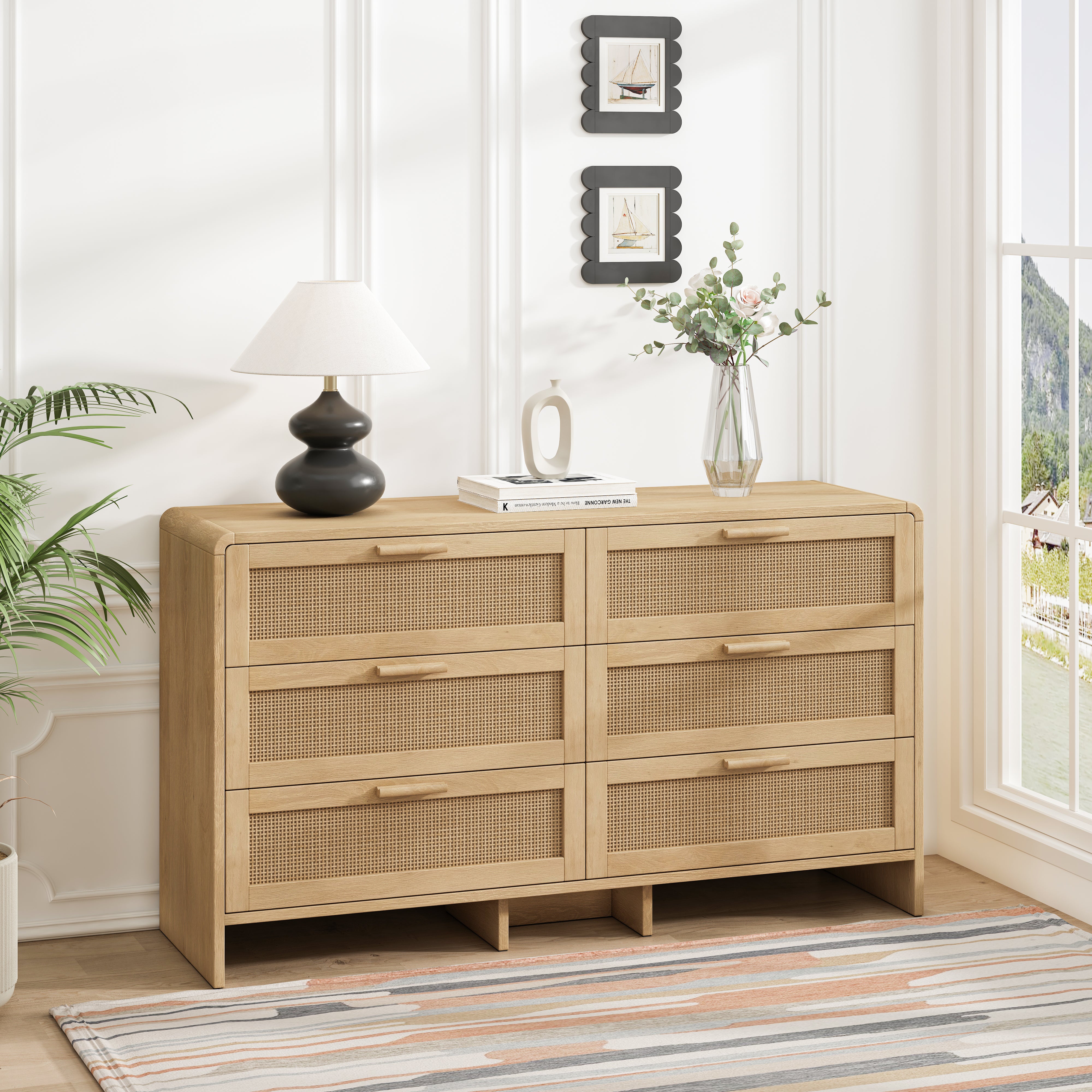 Arc Shaped Corner Cabinet, 6-Drawers Rattan Storage, Natural