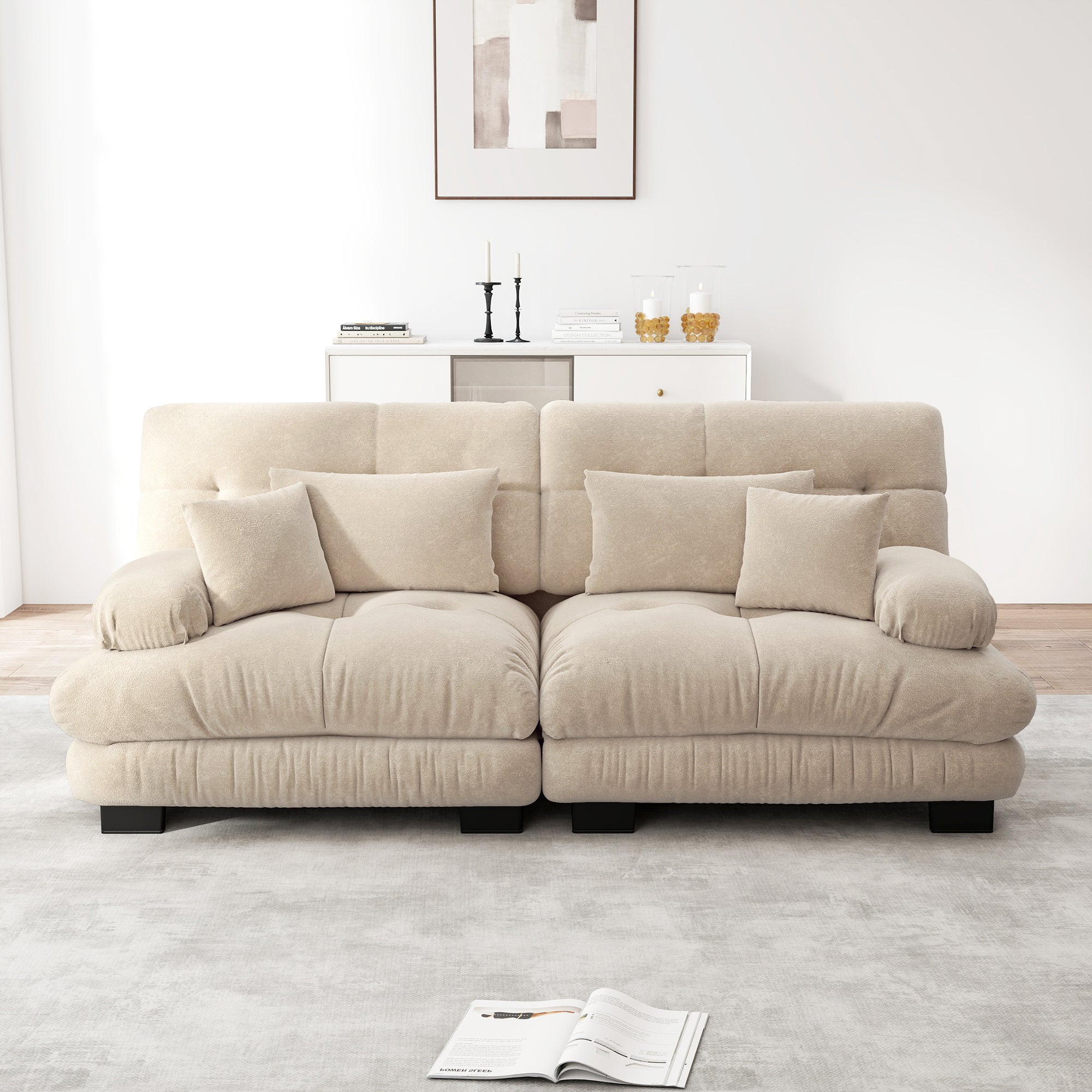 Cloud Corner Sofa, Double with Lumbar & Decorative Cushions, Chenille Light Brown