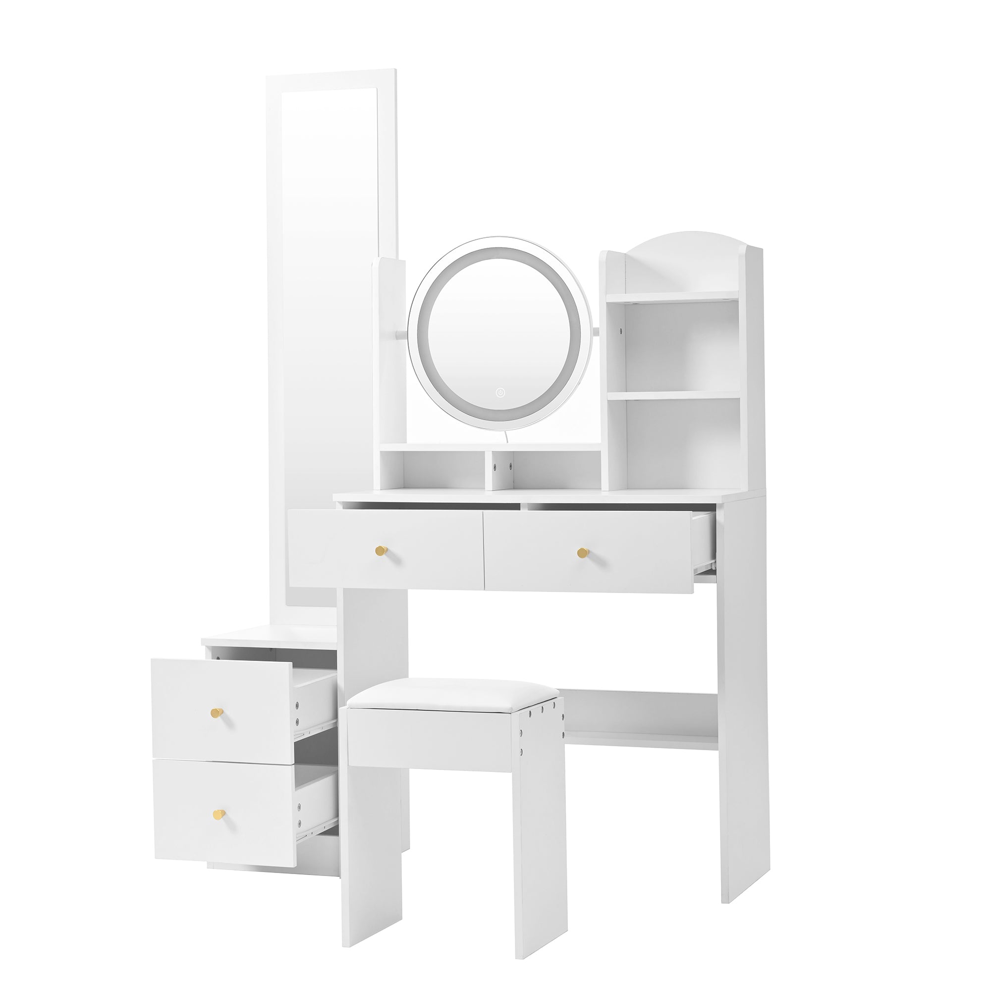 4-in-1 shoe cabinet makeup table with full-length mirror, 3-color led lighting, metal handle, white