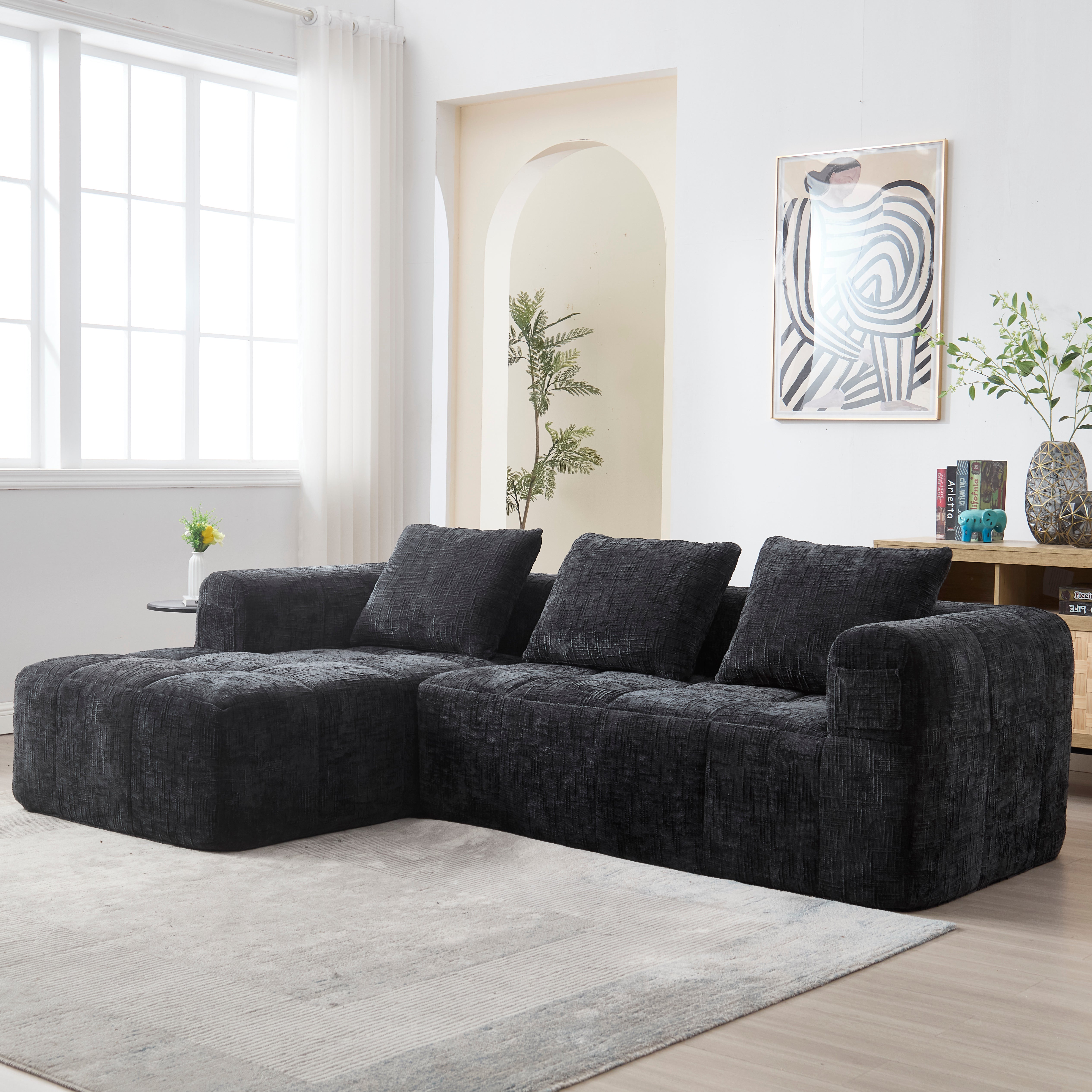 Modern Sectional Sofa L-Shaped 3-Seater Chaise Lounge, Chenille Black
