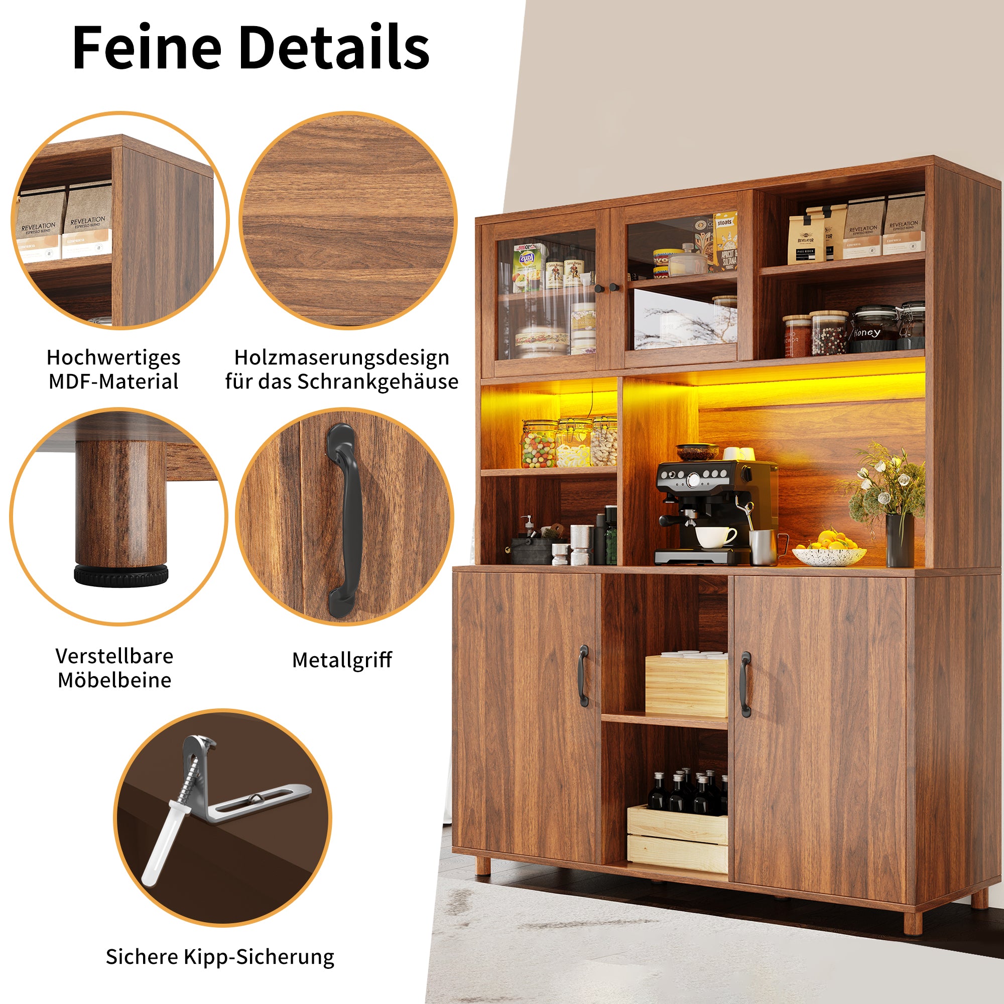 Tall Cabinet with LED Lighting, Snack Shelf, Retro - Walnut
