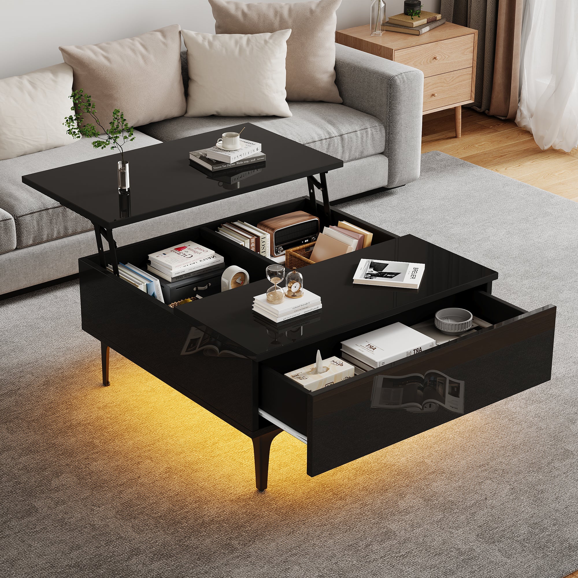 Coffee Table, 70x70x35cm Height-Adjustable with Hidden Storage & Shelves, Black High-Gloss