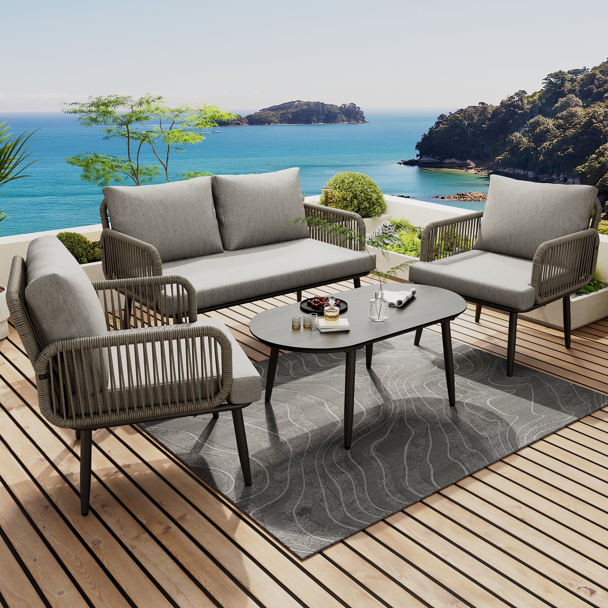 Garden Furniture Set with Sofa, Armchairs, and Coffee Table, Grey Steel and Rope