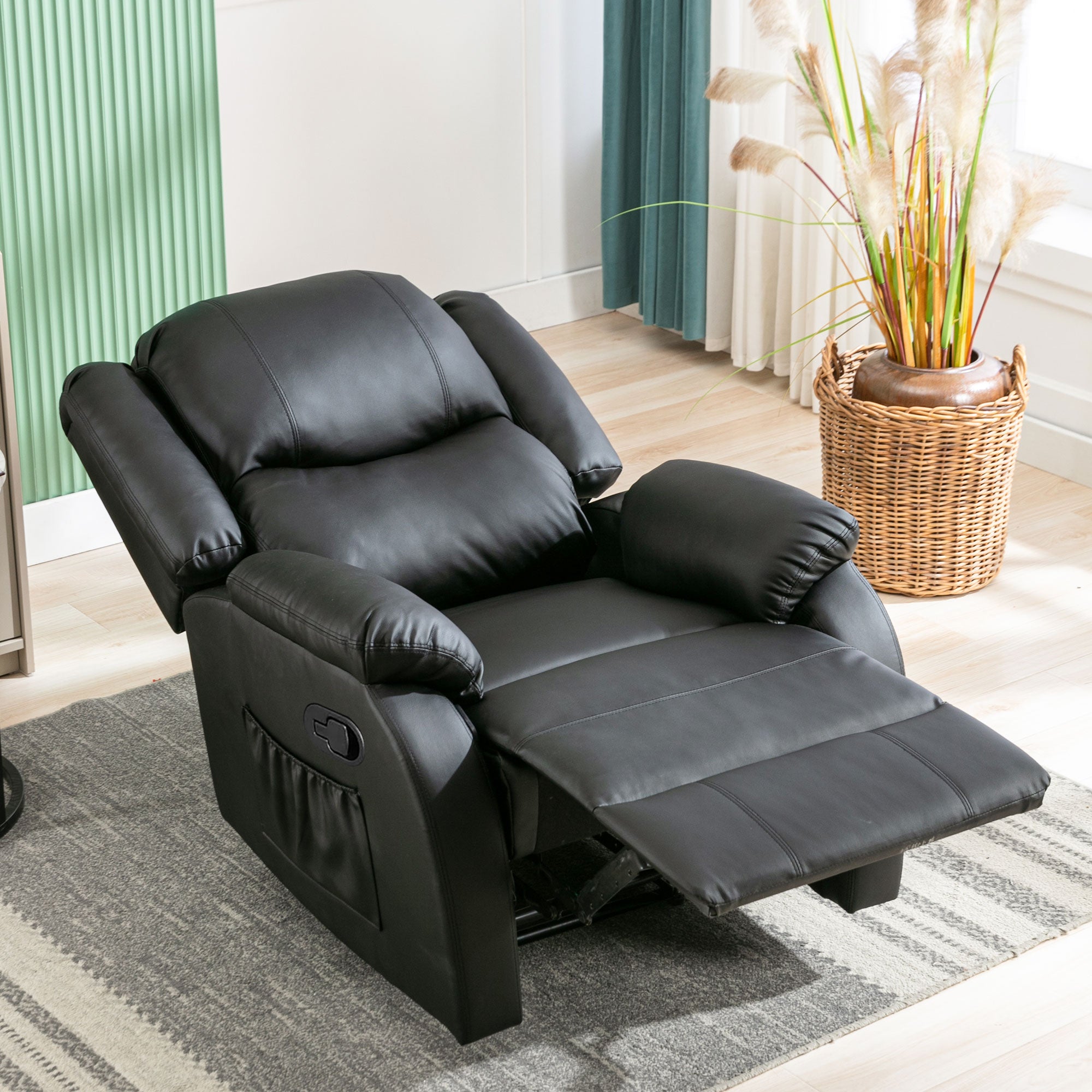 Recliner Chair, Adjustable Armchair with Side Pockets, PU Leather, Black