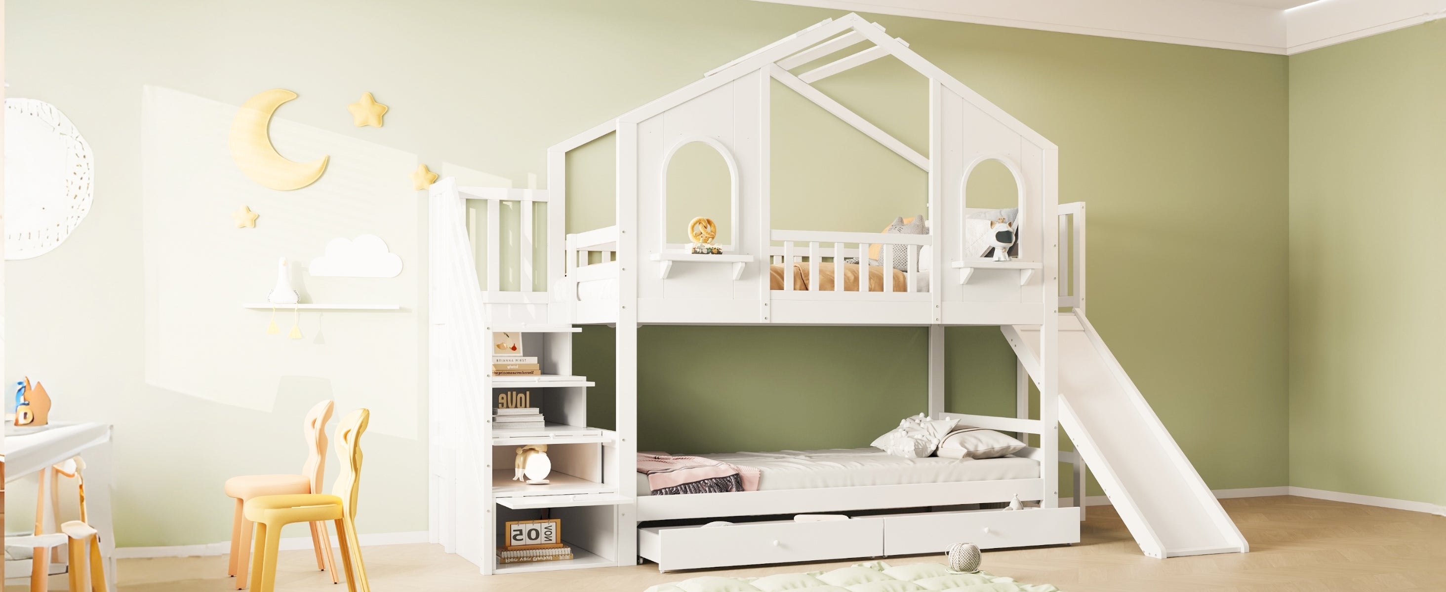 Children's Bunk Bed House-Shaped with Slide & Storage, 90x200cm, White